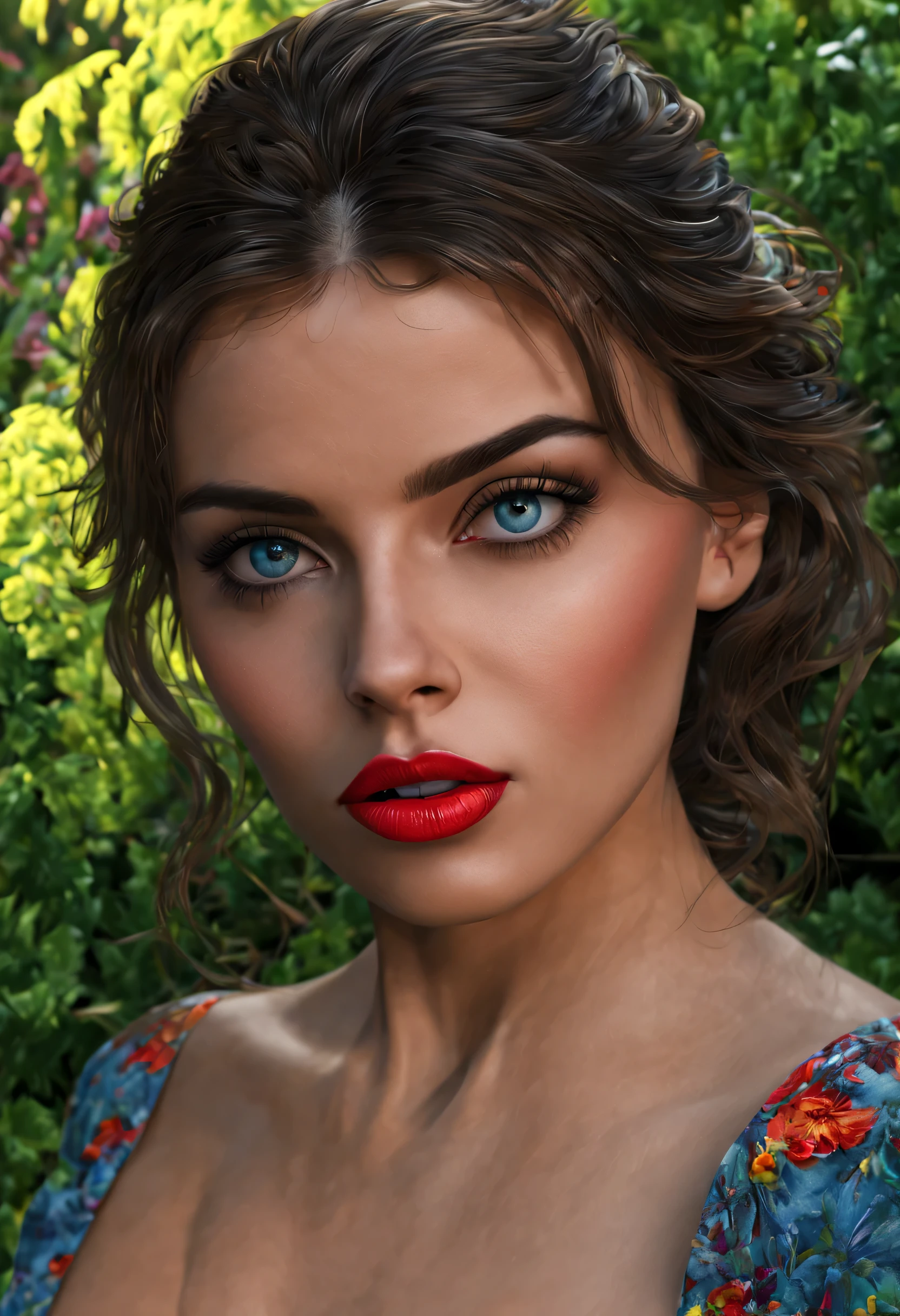 A girl in a garden, (best quality, 4k, 8k, highres, masterpiece:1.2), ultra-detailed, (realistic, photorealistic, photo-realistic:1.37), Russ Meyer style, hyper realism, vibrant colors, sharp focus, insanely detailed, beautiful detailed eyes, beautiful detailed lips, extremely detailed face and eyes, long eyelashes.