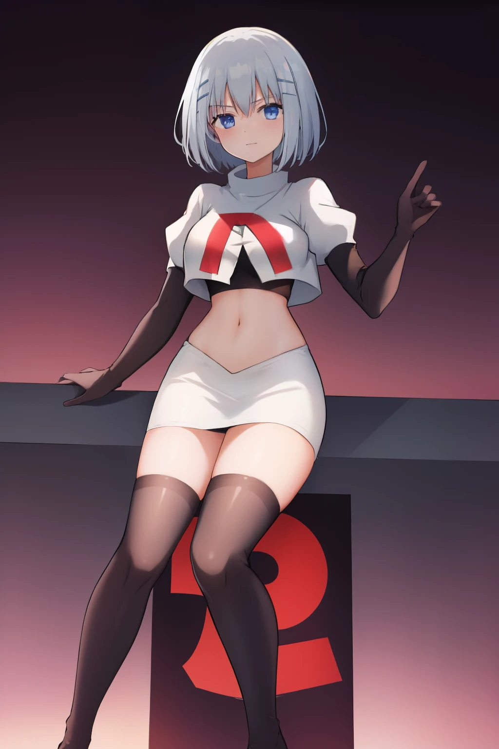 schl1,  simple background, team rocket,team rocket uniform,white skirt,red letter R,crop top,black thigh-highs,black elbow gloves