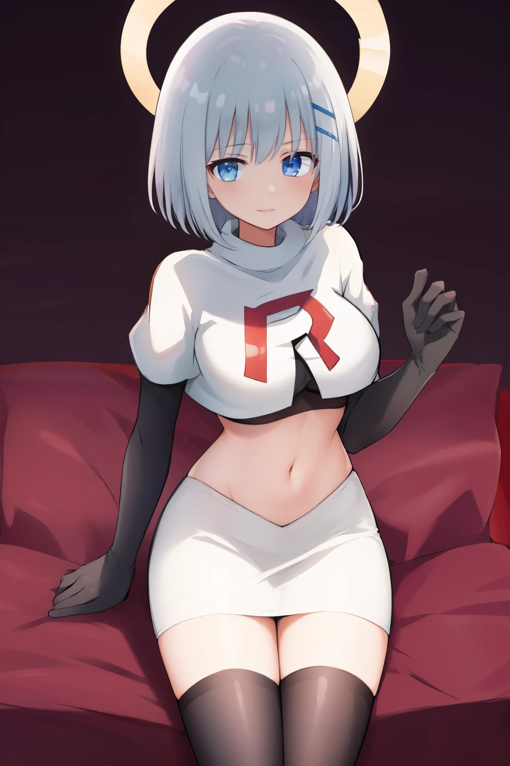 schl1, simple background, team rocket,team rocket uniform,white skirt,red letter R,crop top,black thigh-highs,black elbow gloves
