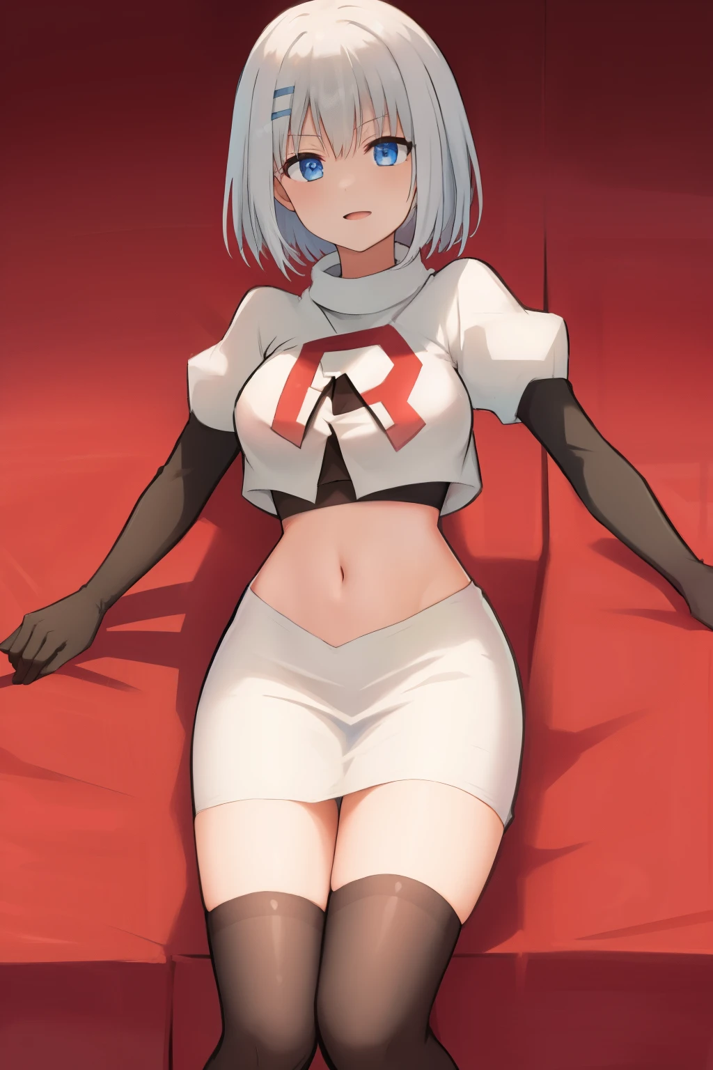 schl1, simple background, team rocket,team rocket uniform,white skirt,red letter R,crop top,black thigh-highs,black elbow gloves