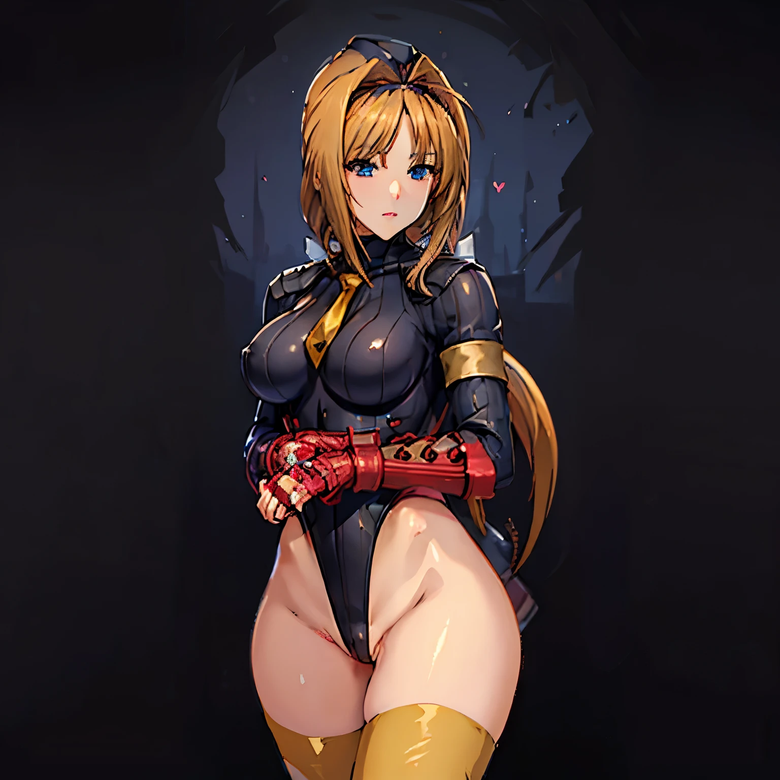ultra-detailed, Explicit, Beautiful body, Beautiful Nose, Beautiful character design, perfect eyes, perfect face, ultra highres, 4K, beautiful legs, perfect legs, Nice hands, Perfect hand, Masterpiece, Best Quality, Highly detailed, illustration, absurdres, perfect anatomy, street fighter, doll suit, shadaloo doll, dollsuit, expressionless, blank eyes, looking at viewer, red gloves, emotionless, black latex, corrution, mind control, female combatant, full body, hypnotized, unhappy trance, full body suit, ribbed bodysuit, both arms at side, obey, perfect female body, extremely glossy latex, hypnosis, hypnoLora, empty eyes, Mind control device, poses, submissive_pose, Slave, standing straight, standing, standing at attention, hat, necktie, belt, latex, ribbed bodysuit, thighhighs, garter belt, Fighting Stance, extending the right arm from the shoulder into the air with a straightened hand, military, thigh boots, black pantyhose, (((pixel-perfect, detail-perfect))), solo, 1girl, hair ornaments, long hair, blonde hair, hair ribbon, blue eyes, Takamori Haruka, Beat Blades Haruka, choukou_sennin_haruka, huge breast,
