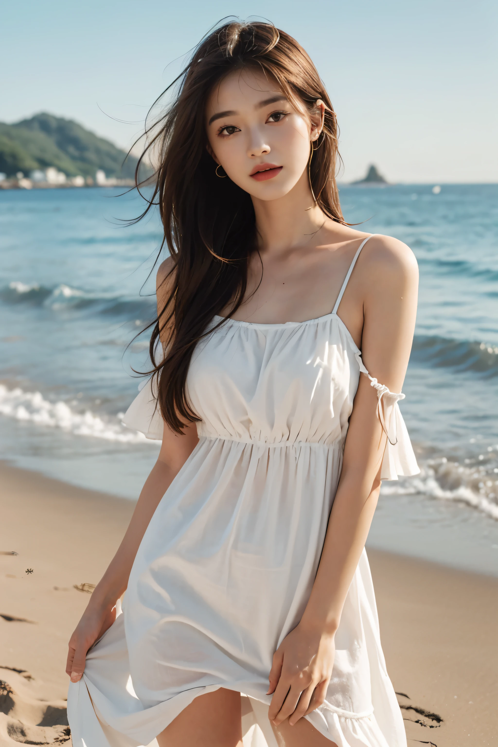 best quality，masterpiece，ultra high resolution，（realism：1.4），original photo，1 girl，take off shoulders，long white hair，face highlight，seaside，wave，pure，Full of girly feeling，18 years old，spaghetti strap dress，silk texture，full