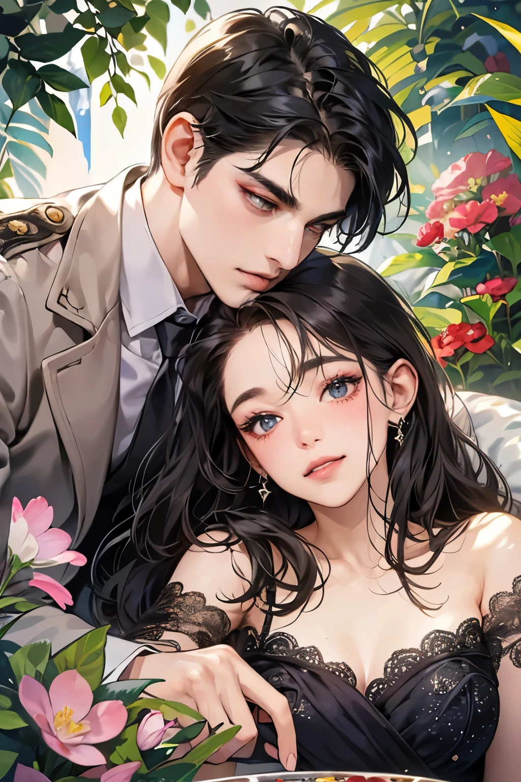 (table top, digital art, digital illustration, 4k, 8k, super detailed, beautiful images, clear image, realistic, RAW photo, perfect face, perfect lines, perfect eyes, soft lighting) ,1 female, (long black hair,straight hair,bullish look,beautiful woman,grace,Make up well,23 is a novel,:1.3),Two handsome men in suits, (human,muscular,solid shoulder width, mens,boyish hairstyle,british gentleman&#39;s style,A man in his 30s with a cool expression,28 year old man with a bright smile:1.2),Show your white teeth and smile(embarrassing,shy smile:1.1),garden full of light、squirt、resort sofa、colorful flowers、innocent smile,smile、couple kissing、kiss、the kiss、romance、dinner、drink alcohol、drunk、blushing、embarrassed
