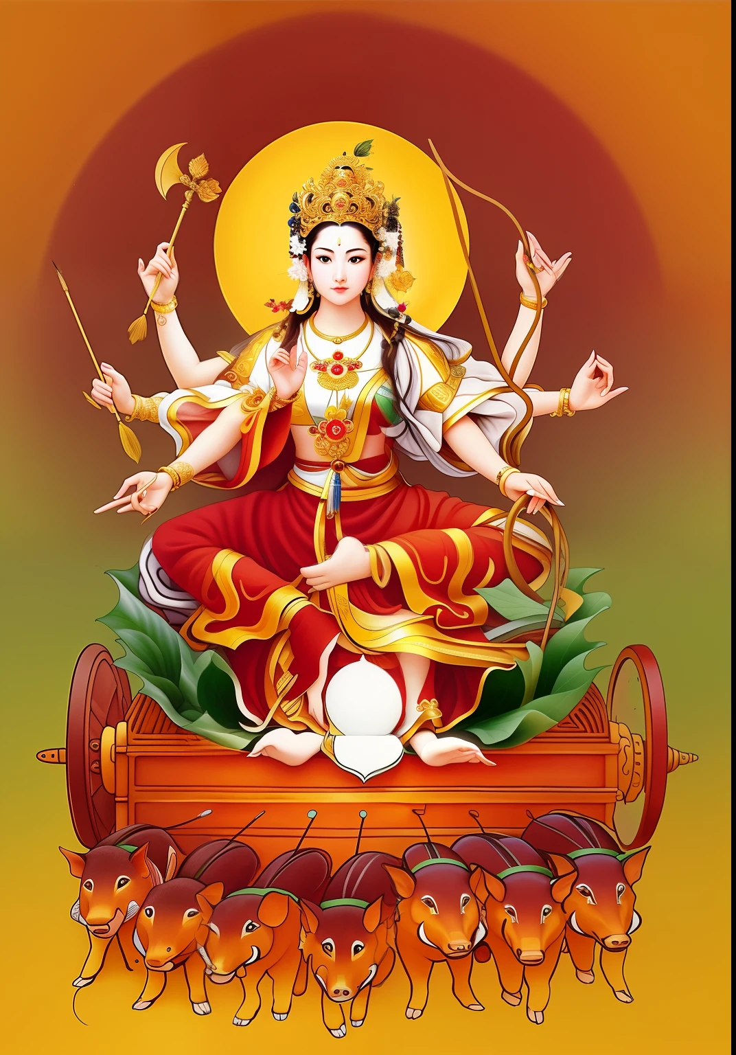 Beautiful woman sitting on a lotus in the car, Three-headed,Total, The arm has eight mudras,Barefoot with both feet,There are seven little pigs pulling the cart in front,goddess of love and peace, indian goddess of wealth, Bodhisattva of Heaven and Earth, Full color illustration, goddess art, goddess of wisdom, ancient chinese goddess,逼real,Professional photography,real,ultra high resolution,masterpiece,