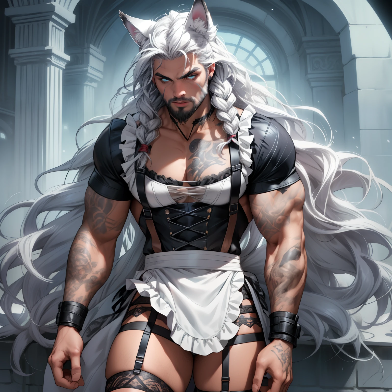 jason mamoa with long white hair and long braided locks, has wolf ears, has a wolf tail, has glowing blue eyes, wearing cute wearing frilly maid outfit, short light beard, wearing cute female makeup, wearing lipstick, wearing eyeshadow, covered in tattoos, wearing garter belt, wearing sheer stockings, solo, alone, (SOLO)(ALONE)