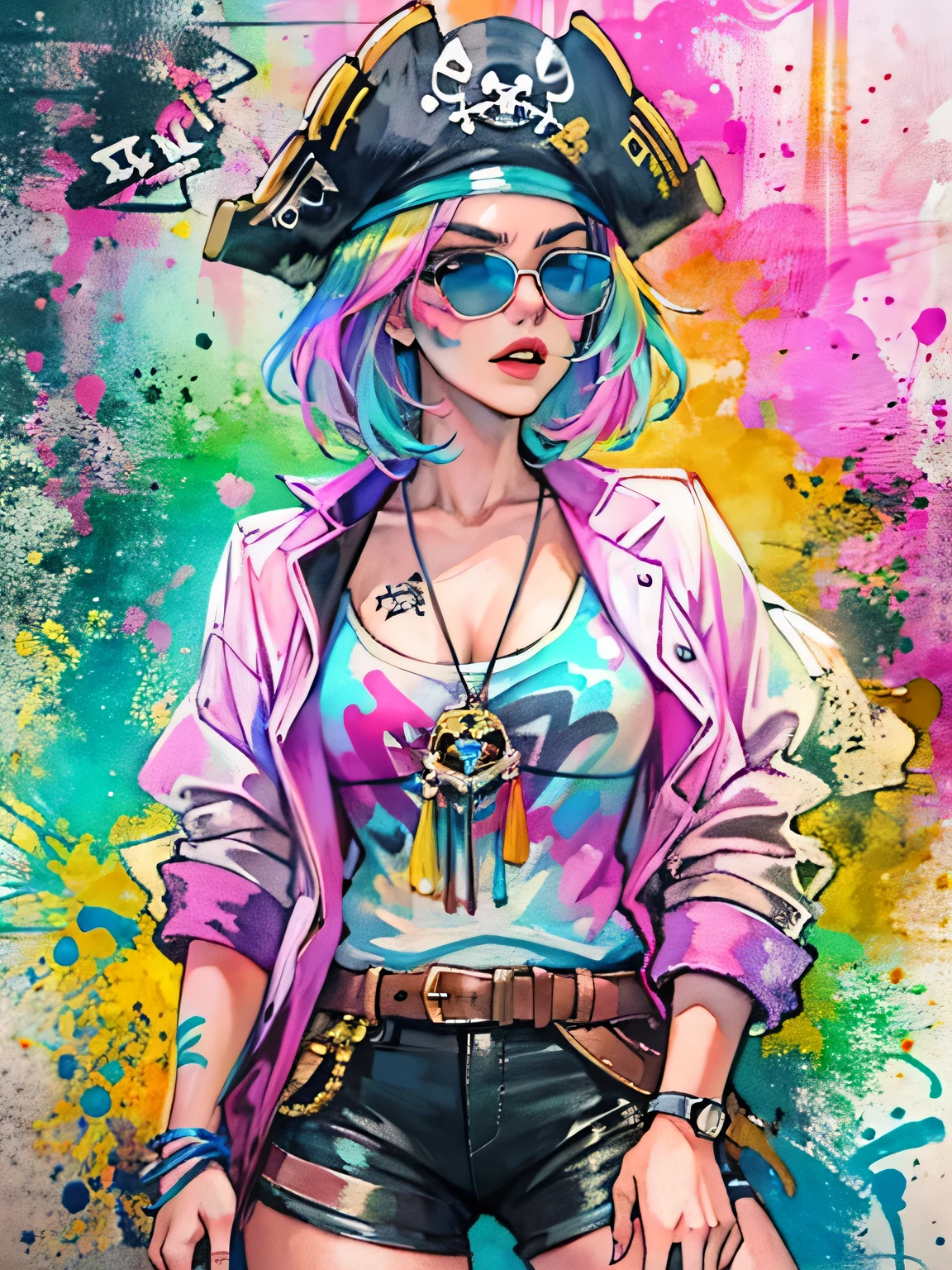 watercolor painting, 8K resolution、((highest quality))、((masterpiece))、((Super detailed))、1 female、alone、incredibly absurd、 (((The most beautiful pirate girl of all time))), (((Stylish sunglasses))), lips in love, white skin, pirate hat, skull fashion, neon、short cut hair、small breasts, (((graffiti art))), colorful hair, provocative