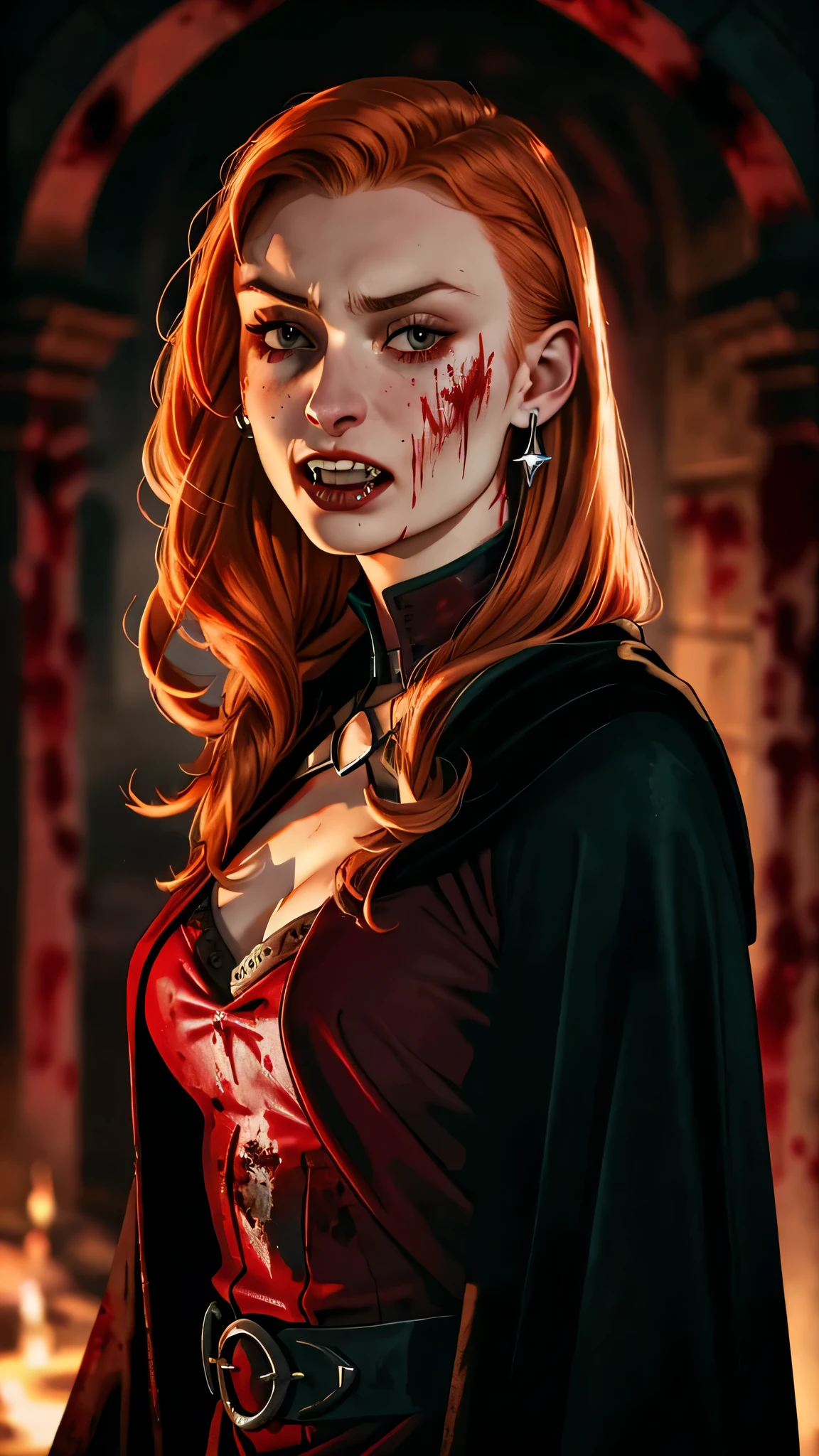 postapocalypse, ((Sophie Turner)) as a vampire, scary, (opened mouth), ((showing vampire teeth)), ((blood on face)), pale face, pale skin, ginger hair, earrings, rings, gothic green robe, cleavege, standing in the tomb, 1woman, solo, beautiful detailed glow, detailed, cinematic light, intricate detail, realistic, highres, detailed facial features, high detail, sharp focus, smooth, aesthetic, extremely detailed, stamp, octane render