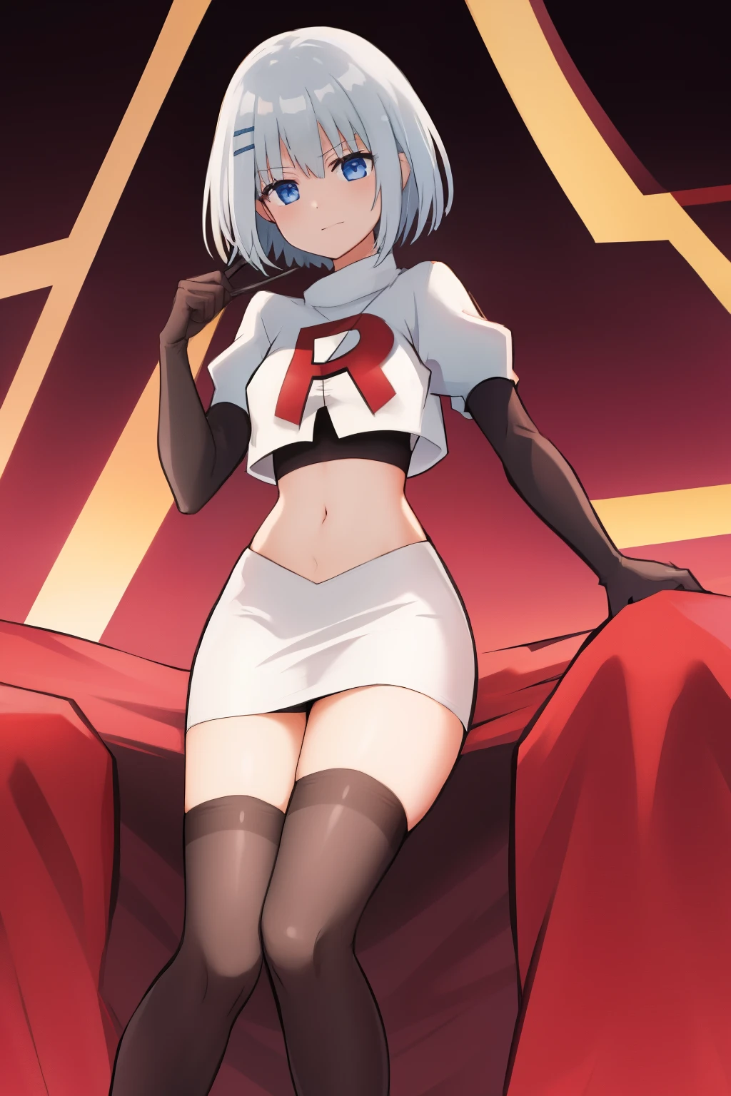 schl1, simple background, team rocket,team rocket uniform,white skirt,red letter R,crop top,black thigh-highs,black elbow gloves