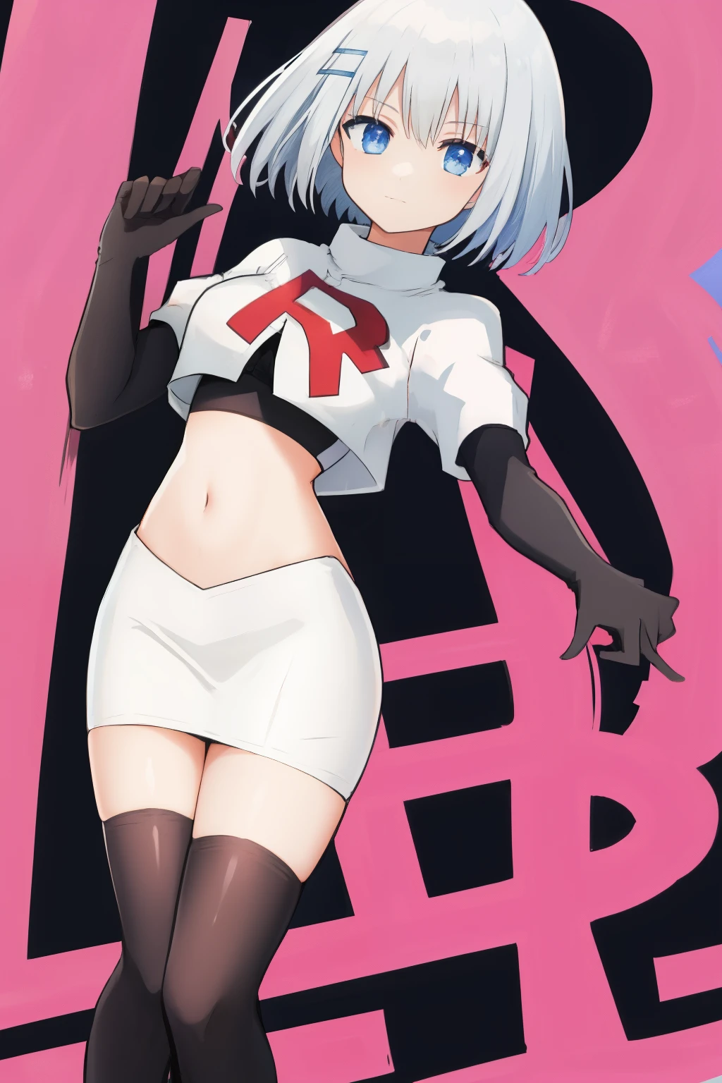 schl1, simple background, team rocket,team rocket uniform,white skirt,red letter R,crop top,black thigh-highs,black elbow gloves