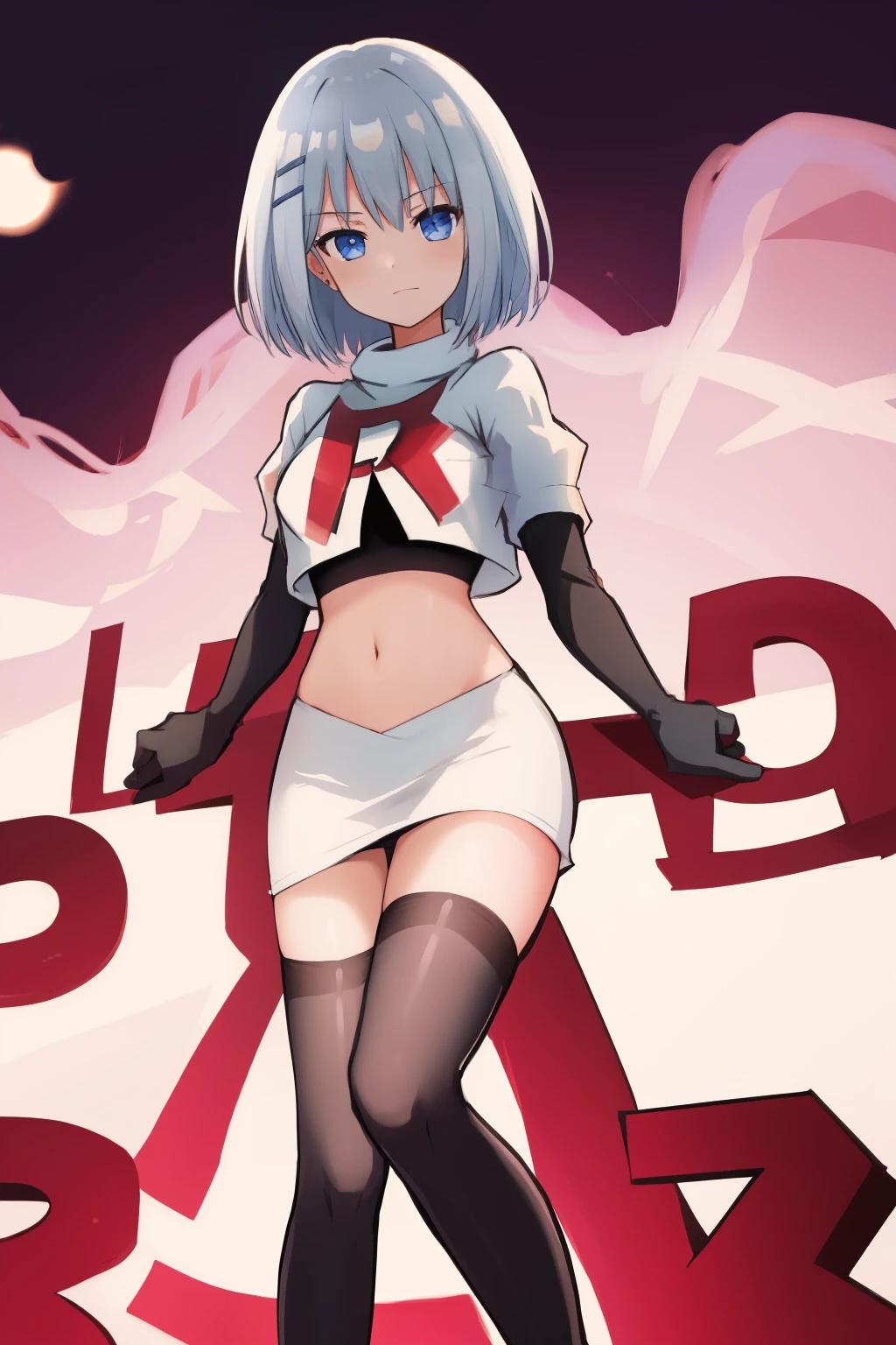 schl1,  simple background, team rocket,team rocket uniform,white skirt,red letter R,crop top,black thigh-highs,black elbow gloves