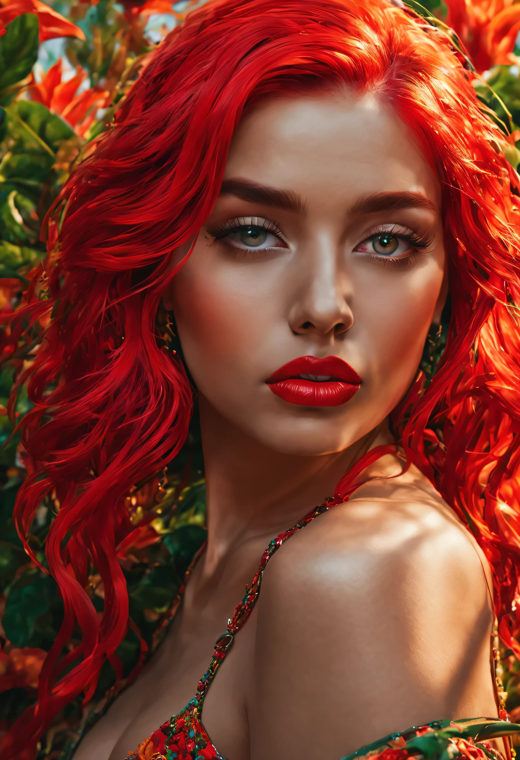 A girl with vibrant colorful hair, wearing a sexy outfit, standing in a lush garden filled with exotic flowers. She has beautiful detailed eyes that sparkle under the sunlight, and her lips are painted in a bold red color. The garden is meticulously painted with hyper-realistic details, showcasing the intricate textures of the petals and leaves. The colors are vibrant and eye-catching, with a touch of surrealism. The scene is captured in stunning 8K resolution, allowing every detail to be visible, from the individual strands of hair to the delicate lines on her face. The overall style is influenced by the iconic Russ Meyer movies, with a mix of retro and modern elements. The color grading emphasizes the vibrant tones, enhancing the sense of excitement and sensuality. The lighting is soft, casting a warm glow on the girl's face, adding depth and dimension to the image. This hyper-realistic artwork is a masterpiece that combines the best quality materials and techniques to create an awe-inspiring visual experience.