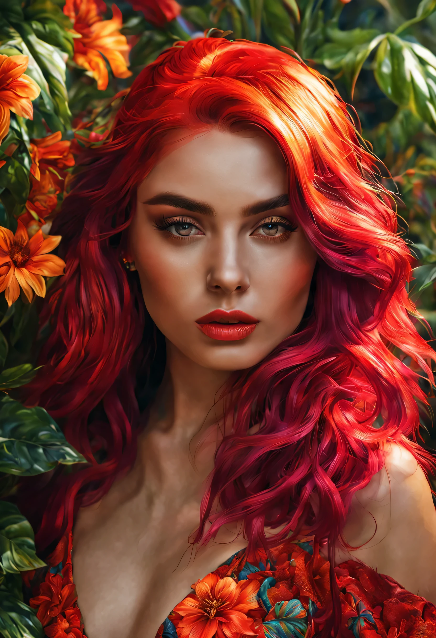 A girl with vibrant colorful hair, wearing a sexy outfit, standing in a lush garden filled with exotic flowers. She has beautiful detailed eyes that sparkle under the sunlight, and her lips are painted in a bold red color. The garden is meticulously painted with hyper-realistic details, showcasing the intricate textures of the petals and leaves. The colors are vibrant and eye-catching, with a touch of surrealism. The scene is captured in stunning 8K resolution, allowing every detail to be visible, from the individual strands of hair to the delicate lines on her face. The overall style is influenced by the iconic Russ Meyer movies, with a mix of retro and modern elements. The color grading emphasizes the vibrant tones, enhancing the sense of excitement and sensuality. The lighting is soft, casting a warm glow on the girl's face, adding depth and dimension to the image. This hyper-realistic artwork is a masterpiece that combines the best quality materials and techniques to create an awe-inspiring visual experience.