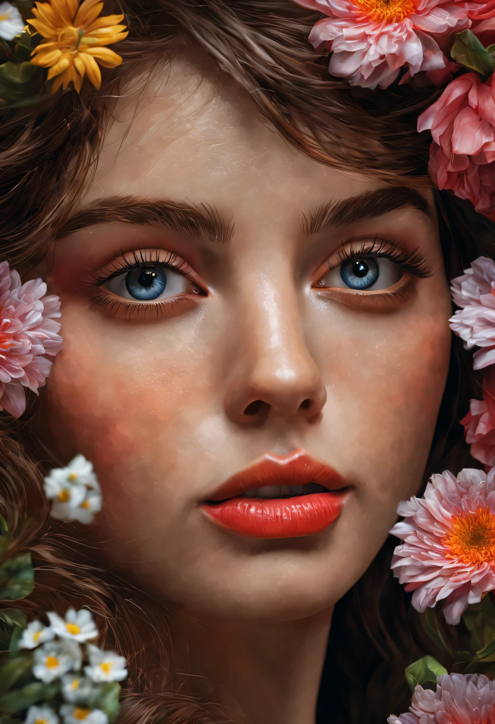 (best quality,4k,8k,highres,masterpiece:1.2), ultra-detailed, (realistic,photorealistic,photo-realistic:1.37), (7 HD:1.1) style, hyper realism, vibrant colors, sharp focus, insanely detailed, (studio lighting), (oil painting), (dense texture)
Tags: A girl surrounded by flowers, beautiful detailed eyes, beautiful detailed lips, extremely detailed eyes and face, long eyelashes, flowing hair, delicate fingers, vibrant floral background, realistic lighting, oil painting texture, lifelike brushstrokes, exquisite floral arrangement, hyper-realistic depiction of nature, vivid color palette, dynamic lighting, fine details of clothing, elegant pose, high resolution, intricate texture, extraordinary level of detail, striking visual impact, captivating realism, masterful craftsmanship, impressive realism.