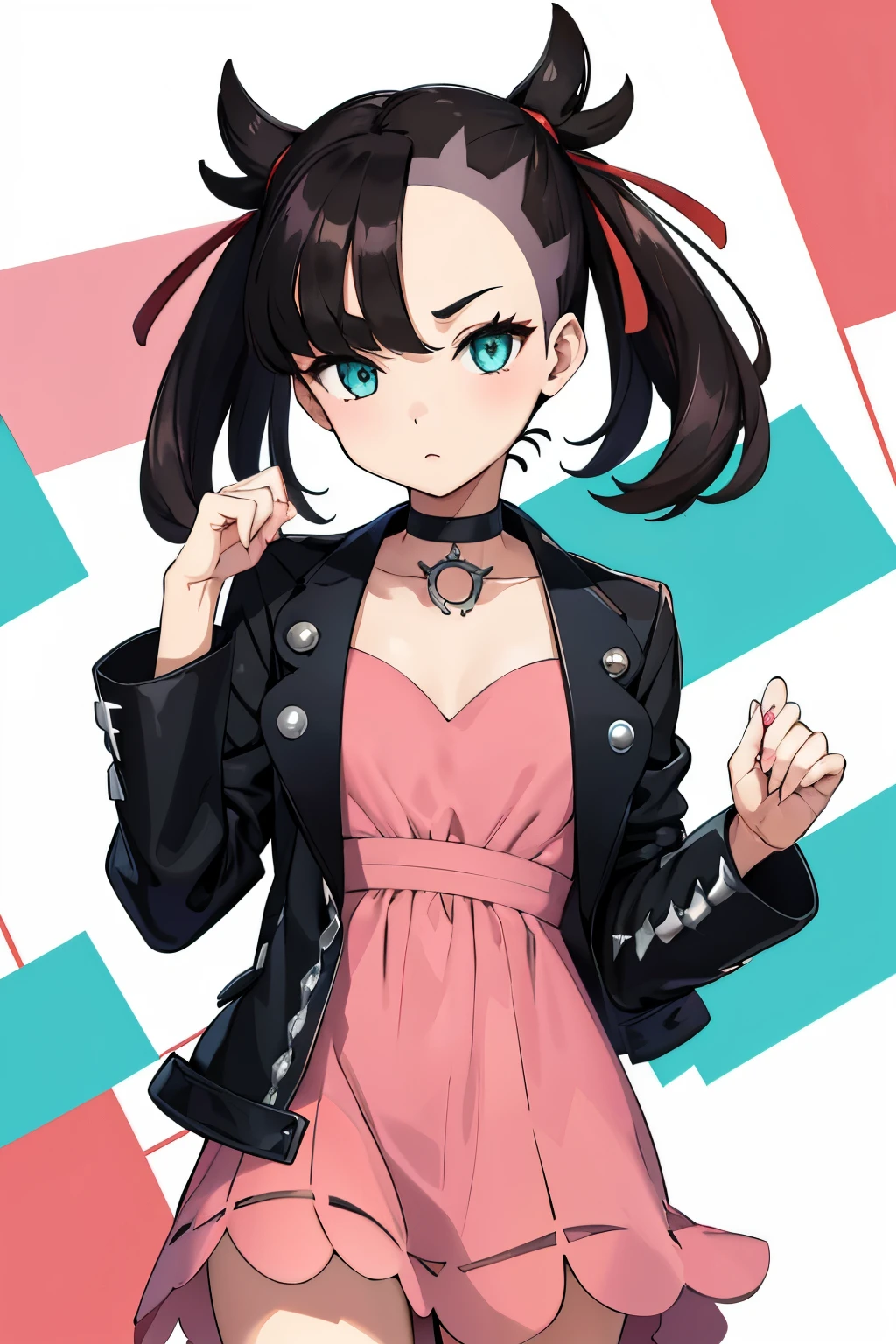 hmmarnie, aqua eyes, Black Choker, Red Ribbon, Pink dress, Jewelry, Black jacket, Open your clothes, Long sleeves