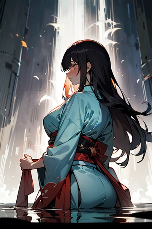 One woman, dressed in traditional Japanese attire, stands under a towering waterfall during the stillness of the night. The water cascades down her back, catching the moonlight and creating a mesmerizing scene. Her long, dark hair is plastered to her back, and her face is aflame with blushing embarrassment. She closes her mouth tightly, trying to keep her gasps and moans contained. Her kimono, now saturated, clings to her curves, revealing her lithe figure. The cool water of the fall contrasts with the warmth emanating from her body, as she undergoes the ritual purification of misogi. Despite the shiver running through her