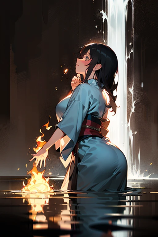 One woman, dressed in traditional Japanese attire, stands under a towering waterfall during the stillness of the night. The water cascades down her back, catching the moonlight and creating a mesmerizing scene. Her long, dark hair is plastered to her back, and her face is aflame with blushing embarrassment. She closes her mouth tightly, trying to keep her gasps and moans contained. Her kimono, now saturated, clings to her curves, revealing her lithe figure. The cool water of the fall contrasts with the warmth emanating from her body, as she undergoes the ritual purification of misogi. Despite the shiver running through her