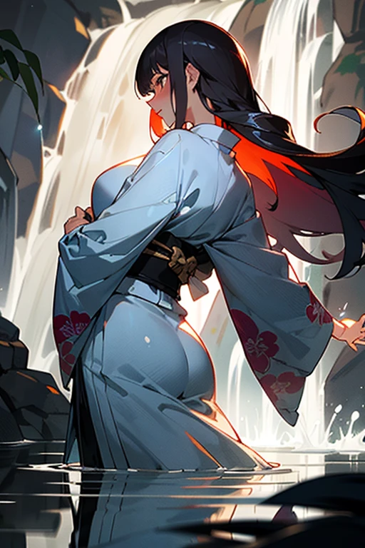 One woman, dressed in traditional Japanese attire, stands under a towering waterfall during the stillness of the night. The water cascades down her back, catching the moonlight and creating a mesmerizing scene. Her long, dark hair is plastered to her back, and her face is aflame with blushing embarrassment. She closes her mouth tightly, trying to keep her gasps and moans contained. Her kimono, now saturated, clings to her curves, revealing her lithe figure. The cool water of the fall contrasts with the warmth emanating from her body, as she undergoes the ritual purification of misogi. Despite the shiver running through her