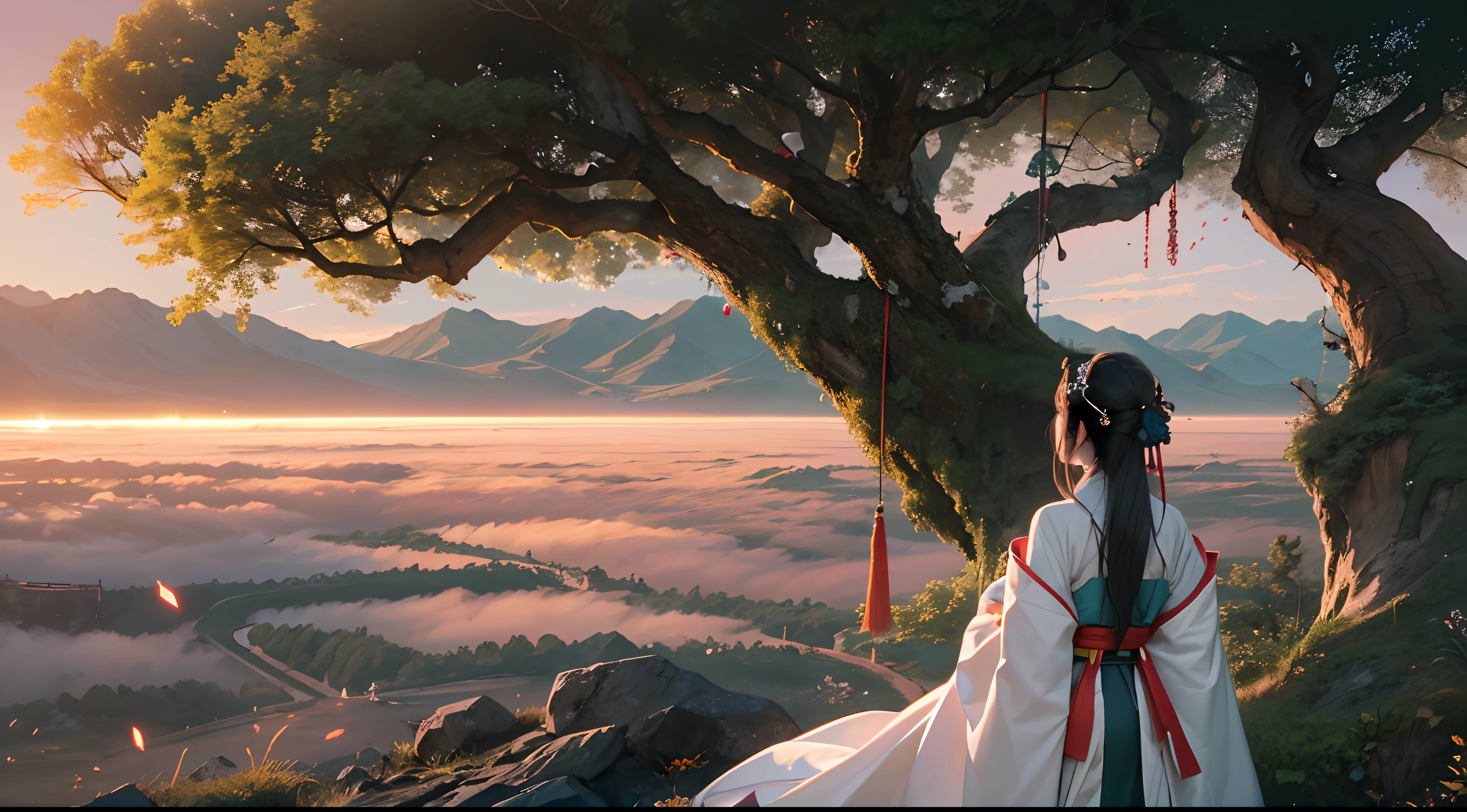 official art, unified 8k wallpaper, Super detailed, beautiful and Aesthetic, beautiful, masterpiece, mystery , emotional depth , Atmospheric , supernatural , best quality, huge ancient fantasy tree , Glowing tree , There are very small balls of light around the tree , An assassin woman wearing a long white Hanfu and long robe stood in front of the tree , A woman is smaller than a tree , Woman with sword in hand，Magic control , Tree emits ball of light , One side is dark，There is light on the other side , A little reddish sunset light , The woman stared at the tree , (view from behind) , The tree has big roots , flower field , Aesthetic , Several large stones and small stones , (Super detailed tree) , (Super detailed art) , (Super detailed hanfu) , (Super detailed field) , (Super detailed face) , (Super detailed sunset light)