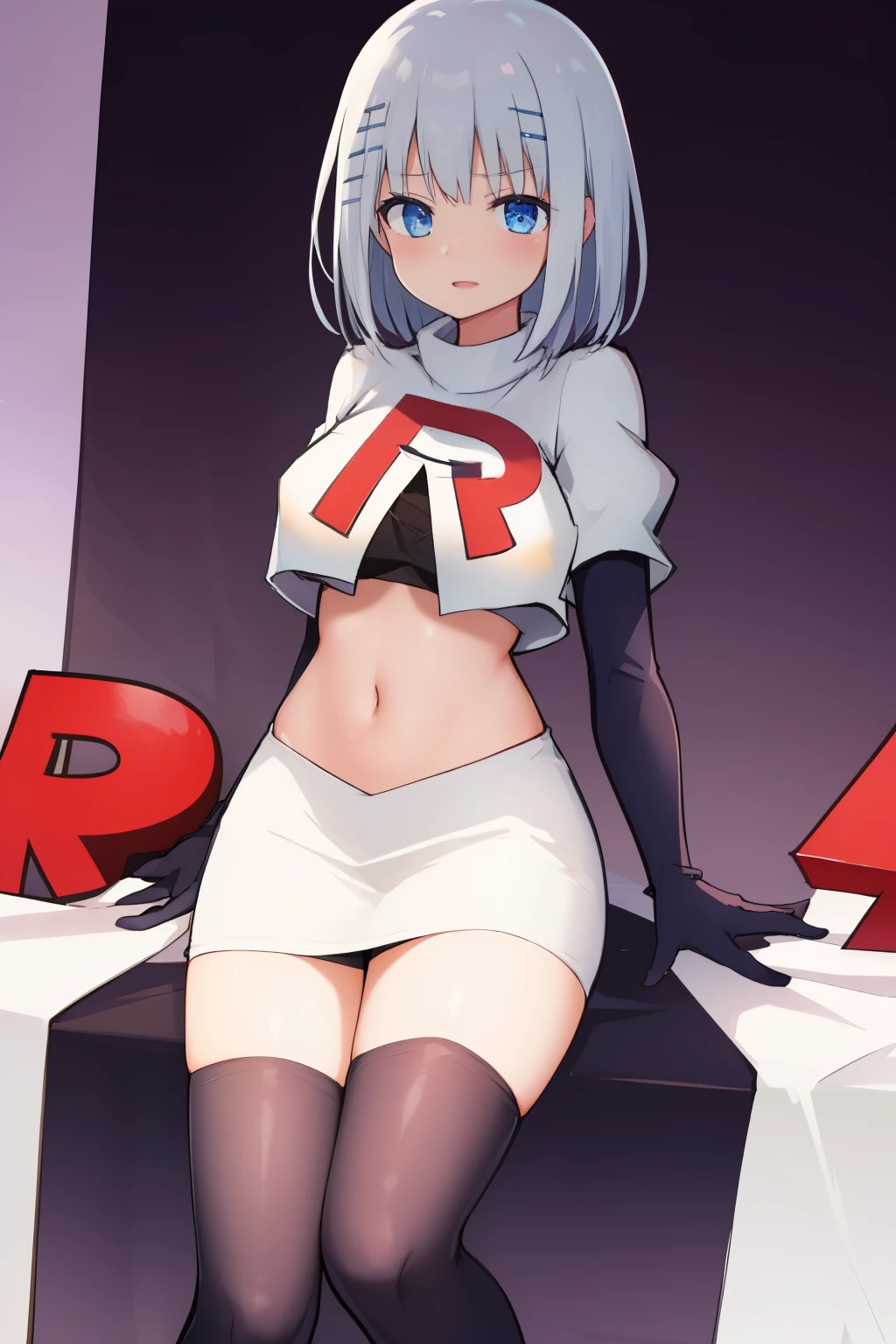 schl1,  simple background, team rocket,team rocket uniform,white skirt,red letter R,crop top,black thigh-highs,black elbow gloves