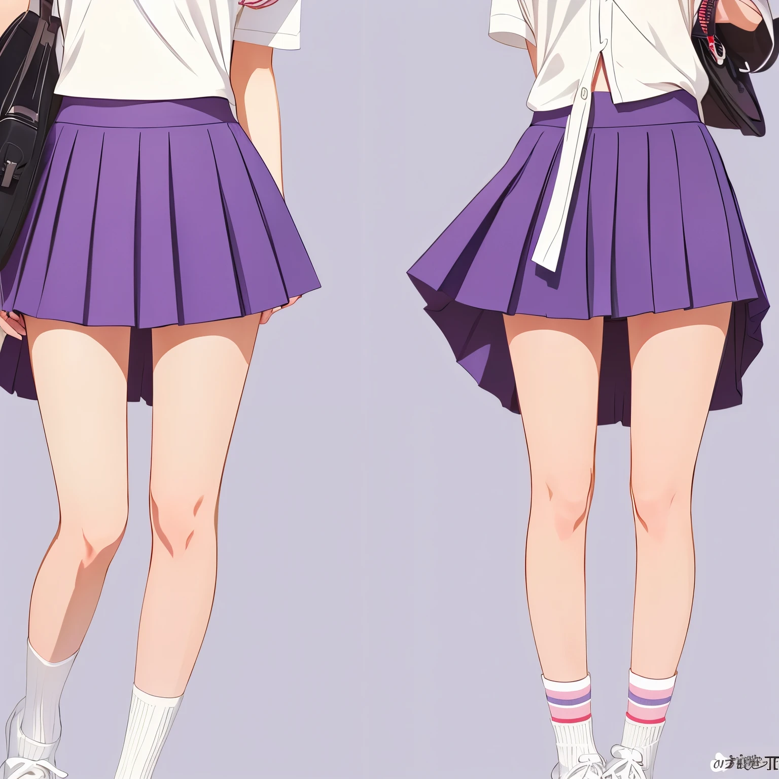 Realistic illustration from the front、Japanese from close range、 high school black skirt、Panties with a white heart pattern、lilac and white panties、Childish panties legs wide open、Panty shot