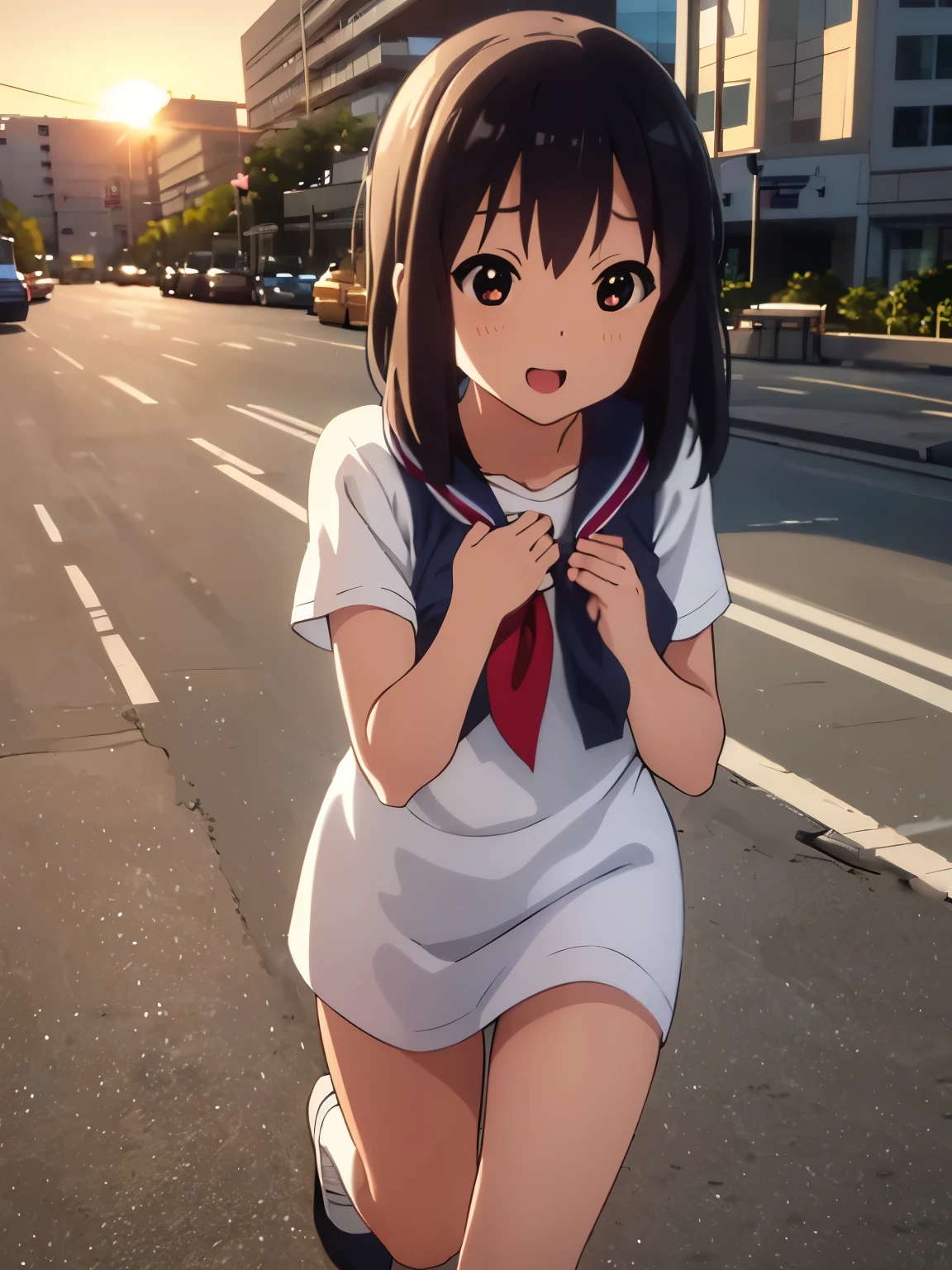 (best quality, masterpiece:1.2), 1girl, (((masterpiece))), (((full body))), (((running))), top-quality, top-quality, High Details, nakano azusa, 1girl, Sakuragaoka High School Uniform, sport clothes,short-sleeved sports shirt, shorts, Twin-tailed, length hair, A dark-haired, brown-eyed, solo, reddish, illustratio, comic strip, soothing tones, Subdued Color, Soft cinematic light, adobe lightroom, photolab, HDR, intricately and hyper-detailed、(((depth of fieldasterpiece)))。(((top-quality))).)((ultra-detailliert)))。(((illustratio)))。(((takeout))).dynamic focus.big breasts.(((city park))).(((A city))).(((Face of happy smile))). Close eye, open mouth.(((put hands on the chest))).(((up chest))).((morning glow)).((the setting sun)), solo, anime, anime screencap, ray tracing, ultra resolution image, vivid color,  cinematic light,  lens flare,  light on face, glow eyes,  depth of field, happy, detailed background, cute,  straight-on, dive dress, navel,