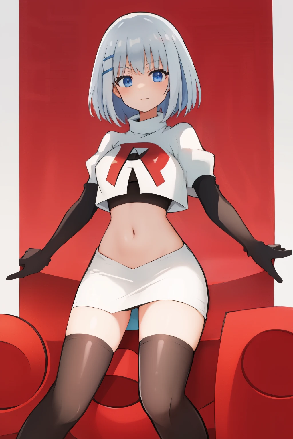 schl1,  simple background, team rocket,team rocket uniform,white skirt,red letter R,crop top,black thigh-highs,black elbow gloves