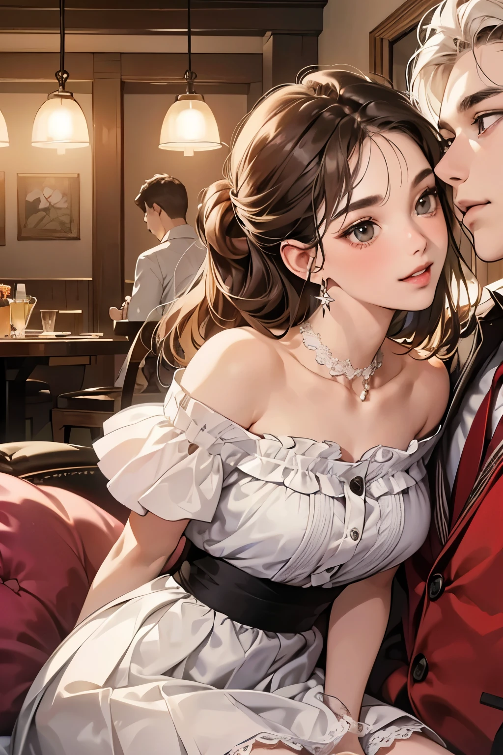 (table top, digital illustration, 4k, 8k, Super detailed, beautiful images, clear image, perfect face, perfect lines, perfect eyes, soft lighting) 1 female, (light brown hair,chignon hair,innocent look,droopy eyebrows,droopy eyes、With a round face,round chin、innocence,cute,Big eyes,natural makeup,smile gently,E cup,23 years old:1.3),Two handsome men in suits, (human,man in suit,muscular,solid shoulder width, boyish hairstyle,A man in his 30s with a cool expression,28 year old man with a bright smile:1.2),garden full of light、lots of flowers、Squirting、colorful flower light,(embarrassing,shy smile:1.2),resort sofa,kiss、カップルkiss、romance porn、couple of man and woman looking at each other、dinner、drink alcohol、drunk、blushing、embarrassed