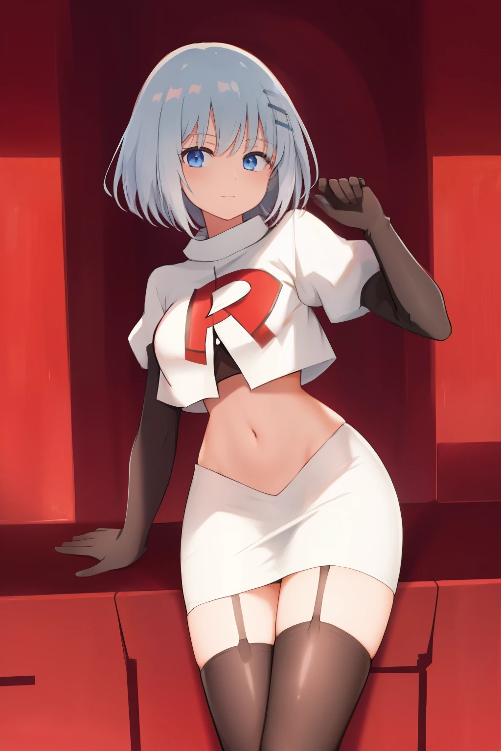 schl1, simple background, team rocket,team rocket uniform,white skirt,red letter R,crop top,black thigh-highs,black elbow gloves