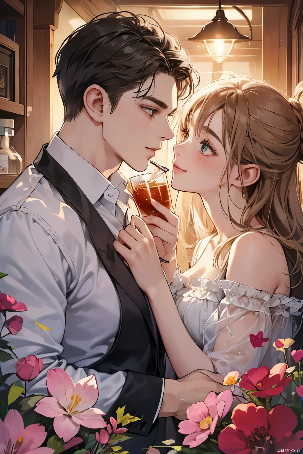 (table top, digital illustration, 4k, 8k, Super detailed, beautiful images, clear image, perfect face, perfect lines, perfect eyes, soft lighting) 1 female, (light brown hair,chignon hair,innocent look,droopy eyebrows,droopy eyes、With a round face,round chin、innocence,cute,Big eyes,natural makeup,smile gently,E cup,23 years old:1.3),Two handsome men in suits, (human,man in suit,muscular,solid shoulder width, boyish hairstyle,A man in his 30s with a cool expression,28 year old man with a bright smile:1.2),garden full of light、lots of flowers、Squirting、colorful flower light,(embarrassing,shy smile:1.2),resort sofa,kiss、カップルkiss、romance porn、couple of man and woman looking at each other、dinner、drink alcohol、drunk、blushing、embarrassed