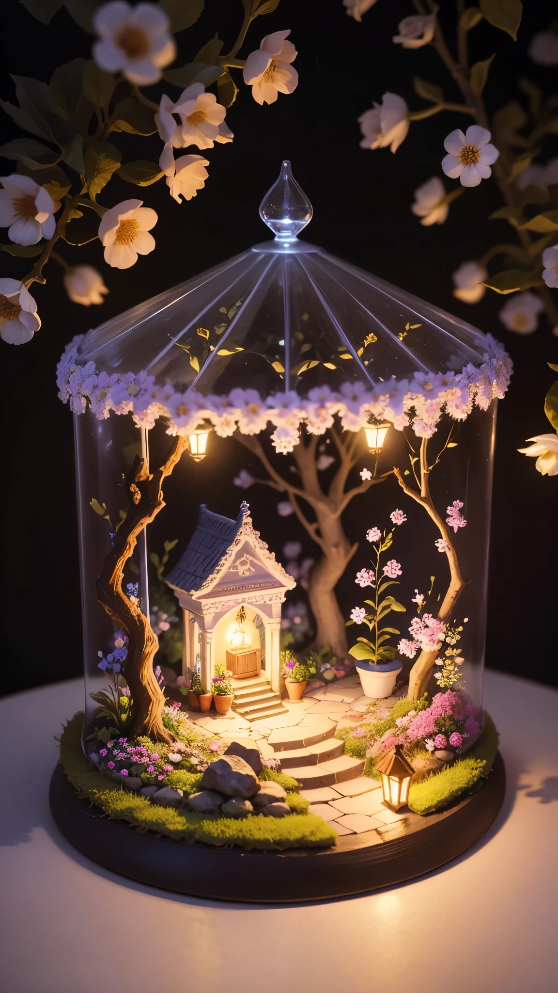 Magic garden miniature scene, with delicate flowers and softly illuminated branches,, Illuminated by happy and smiling miniatures