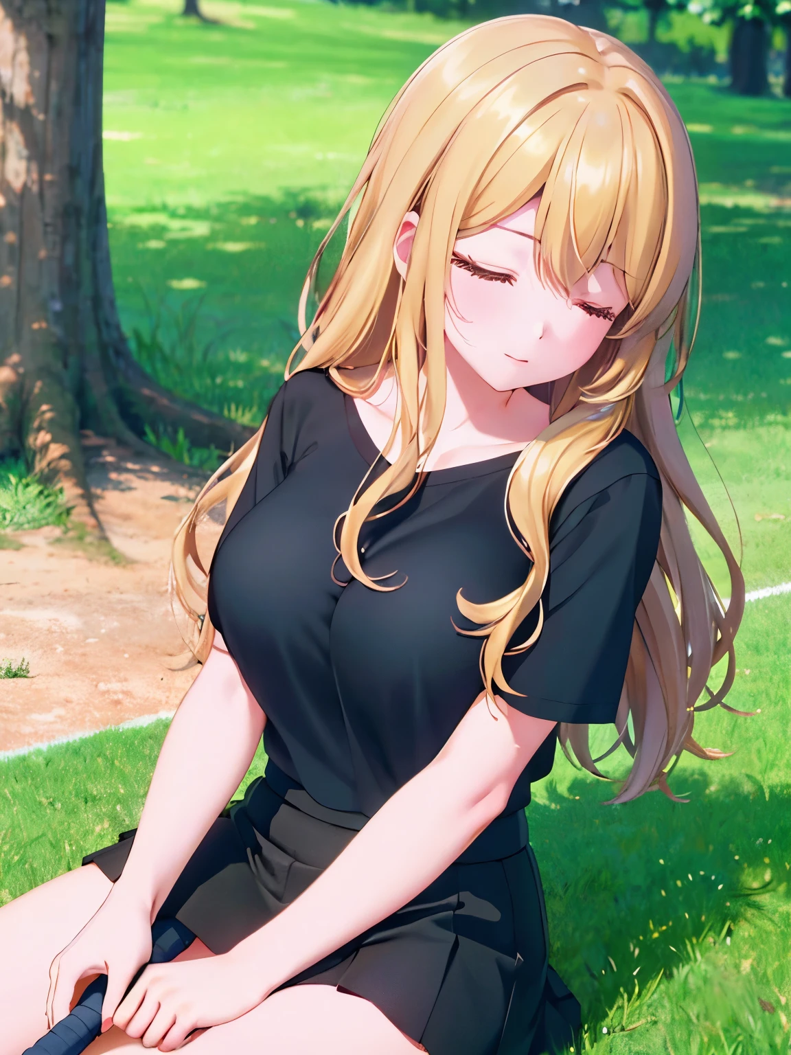 1woman,super beautiful,Sitting under a tree, sleeping, closed eyes,half body photo,Beautiful eyes,perfect face,black t-shirt,black mini skirt,tennis skirt,Very big breasts,Blonde hair,long hair,wavy hair,bangs,ultra detail,ultra Hd, masterpiece,4k