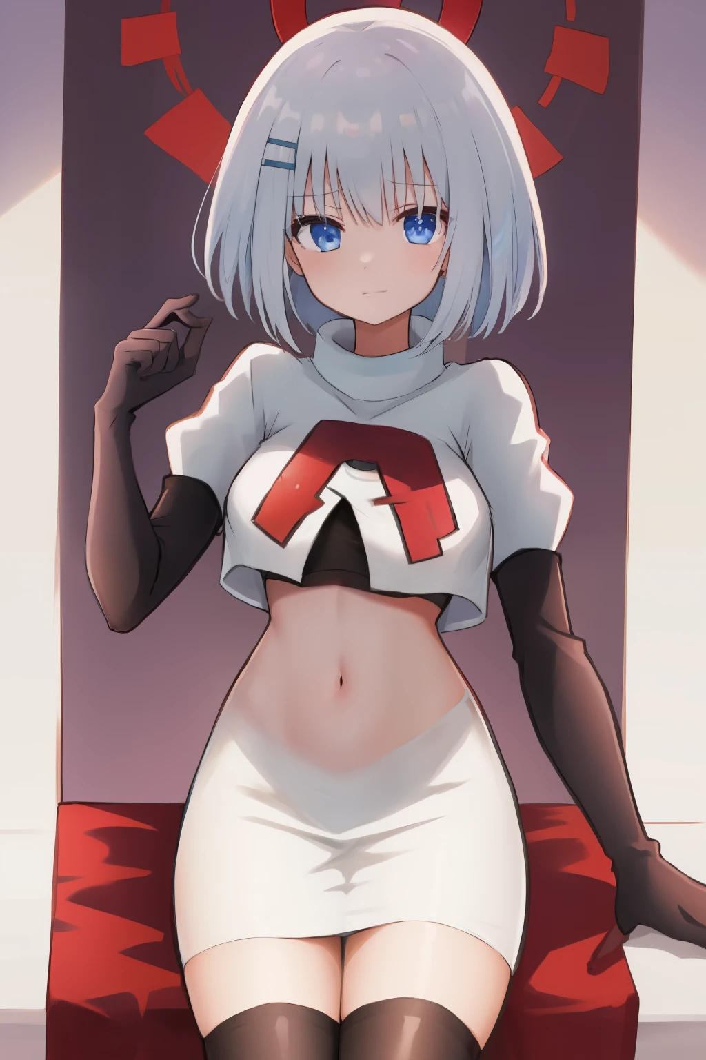 schl1, simple background, team rocket,team rocket uniform,white skirt,red letter R,crop top,black thigh-highs,black elbow gloves