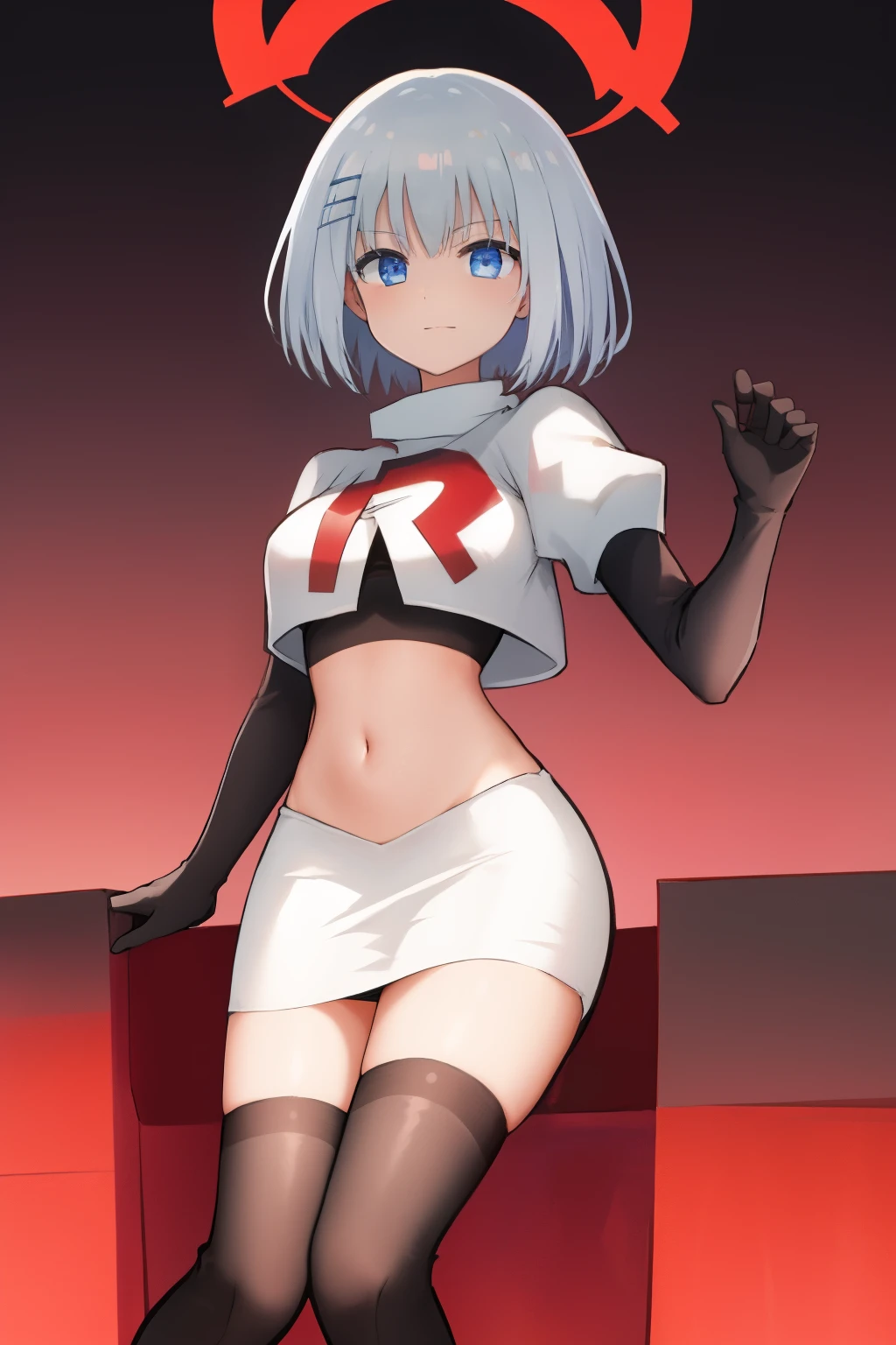schl1, simple background, team rocket,team rocket uniform,white skirt,red letter R,crop top,black thigh-highs,black elbow gloves