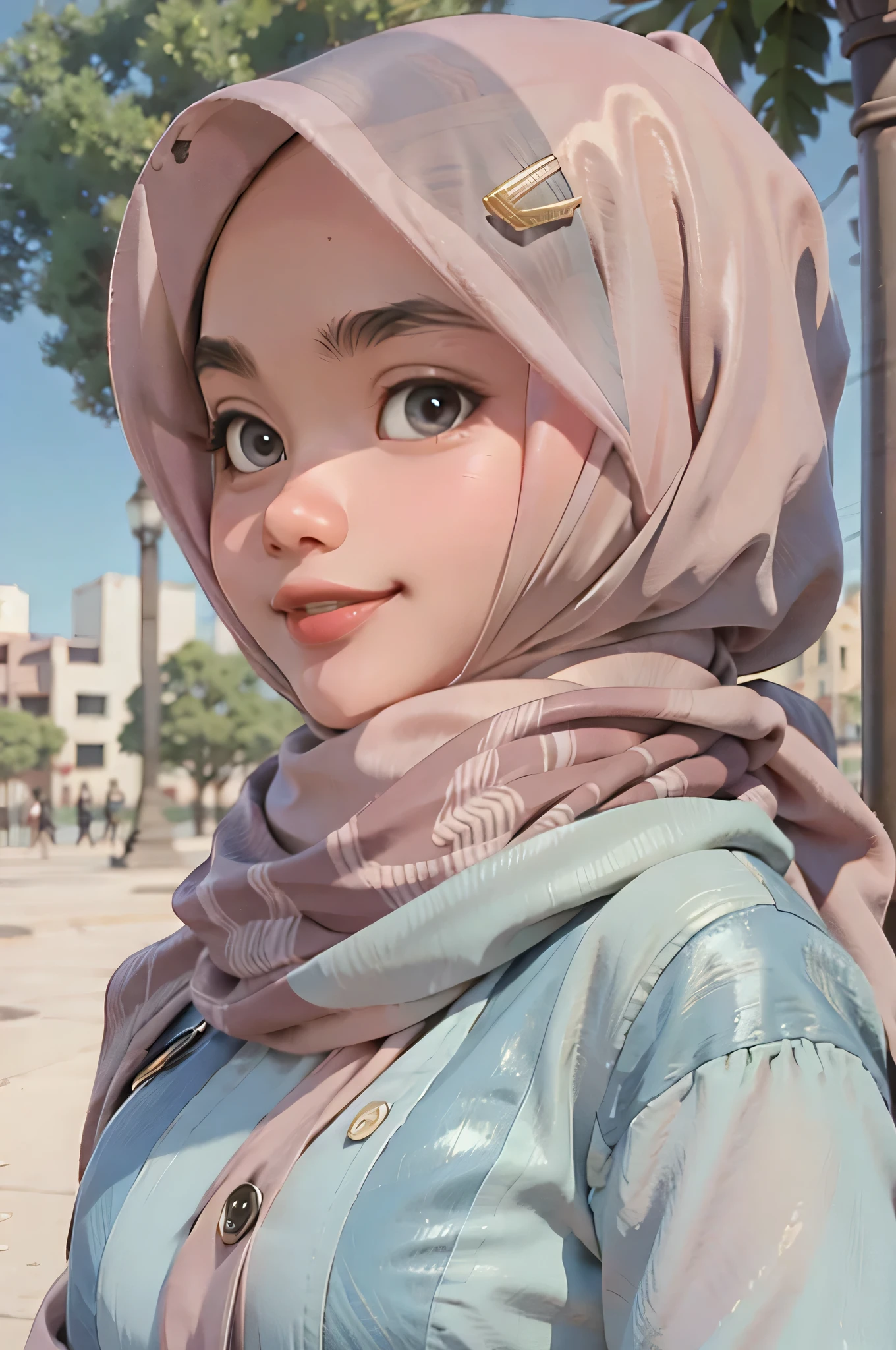 muslim young woman and a scarf at the park, instagram, hijab, protrait, picture, close up potrait, solo, casual, blur background, smile,