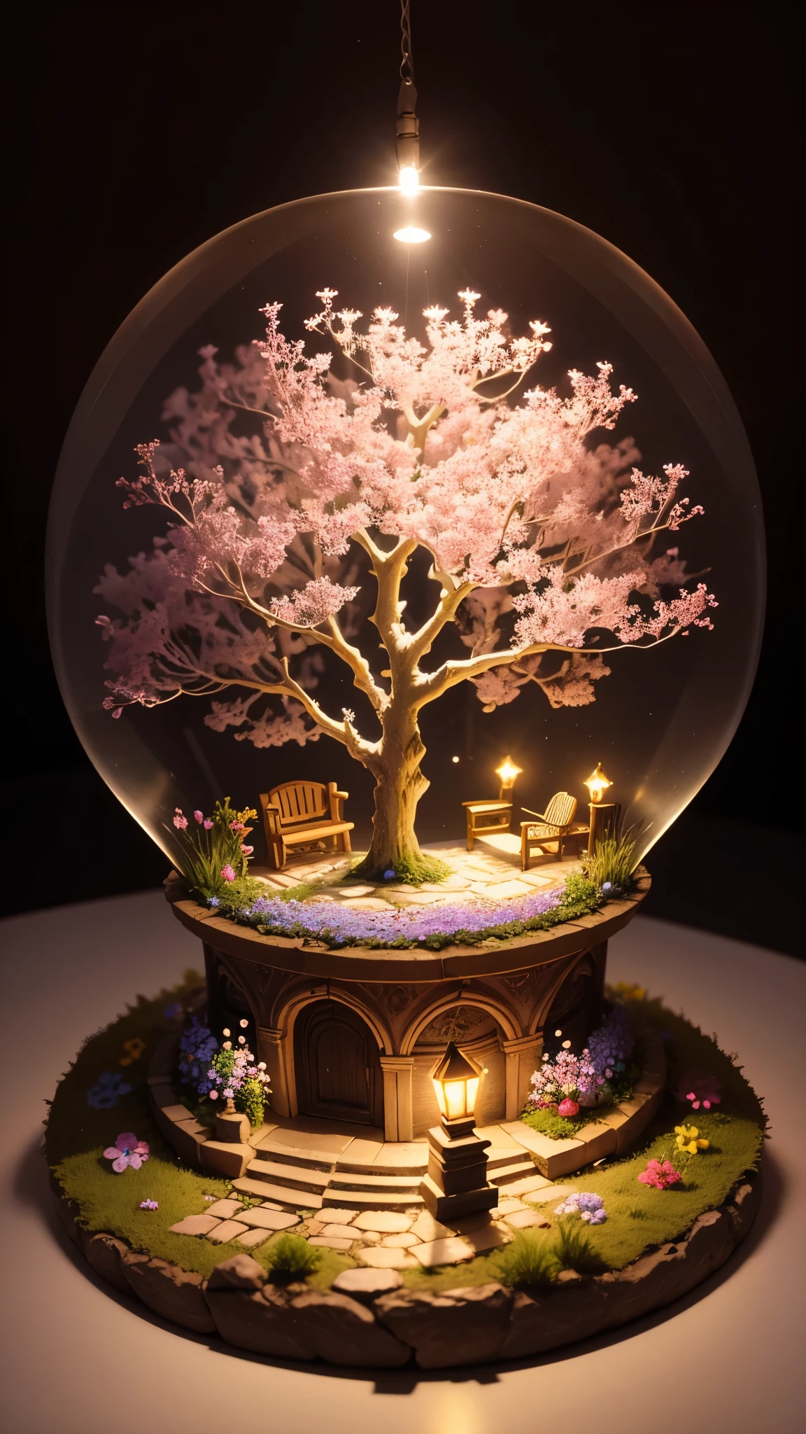 Magic garden miniature scene, with delicate flowers and softly illuminated branches,, Illuminated by happy and smiling miniatures