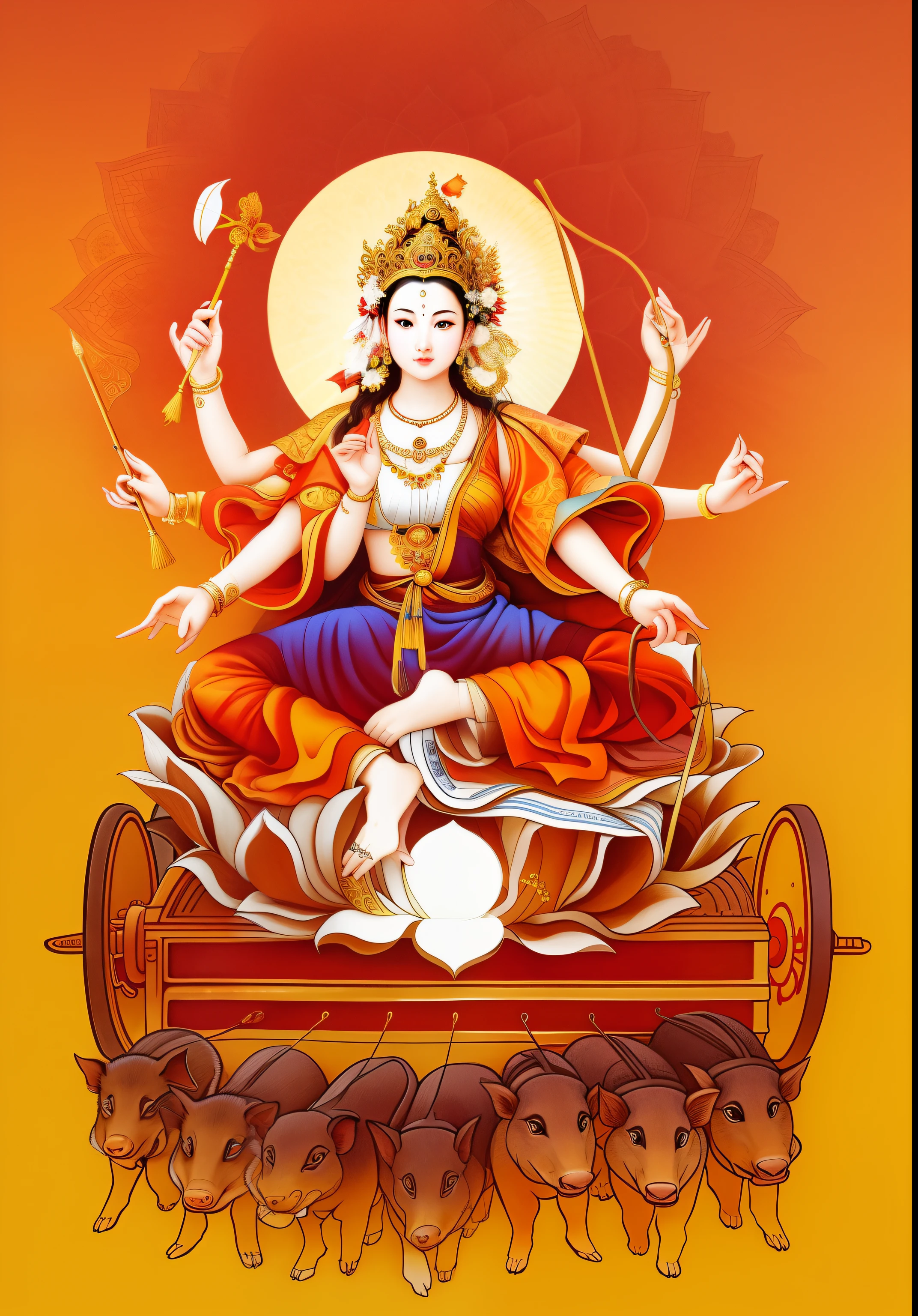 Beautiful woman sitting on a lotus in the car, Three-headed,all, The arm has eight mudras,Barefoot with both feet,There are seven little pigs pulling the cart in front,goddess of love and peace, indian goddess of wealth, Bodhisattva of Heaven and Earth, Full color illustration, goddess art, goddess of wisdom, ancient chinese goddess,逼true,Professional photography,true,ultra high resolution,masterpiece,