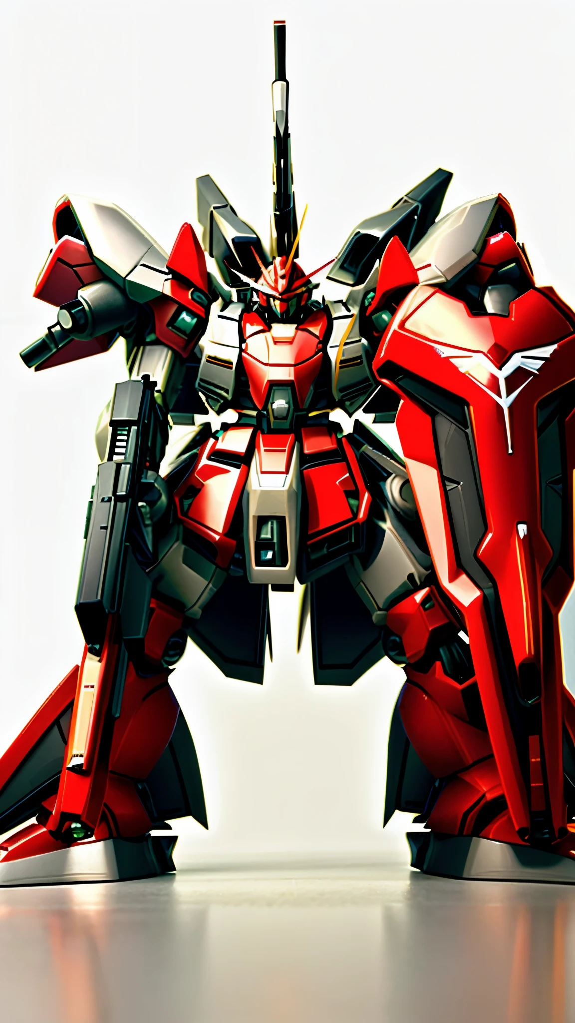Close-up of a white and black robot with a gun, Sazabi is shaped like a windmill, mobile suit, Overall front view, red head, gunpla,