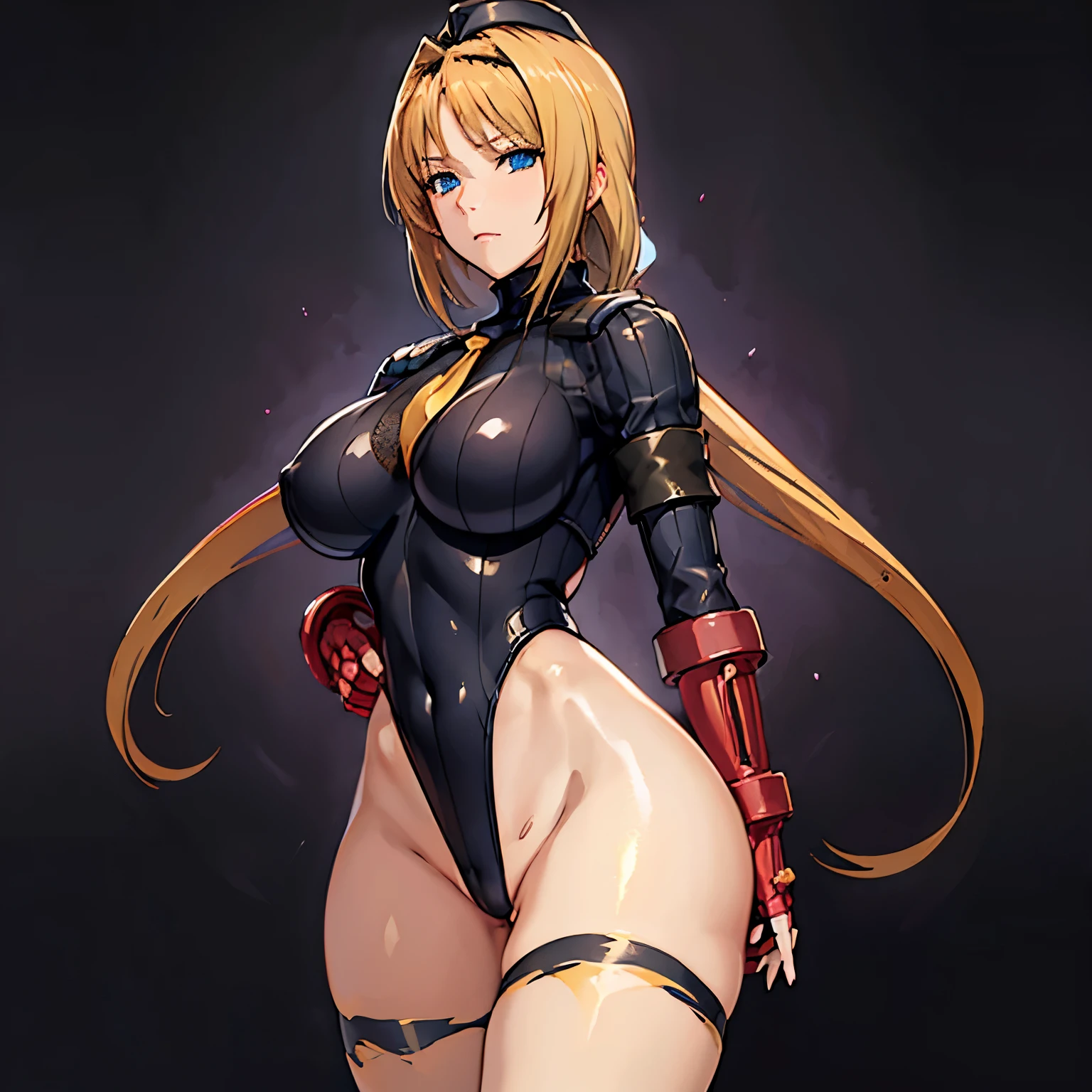 ultra-detailed, Explicit, Beautiful body, Beautiful Nose, Beautiful character design, perfect eyes, perfect face, ultra highres, 4K, beautiful legs, perfect legs, Nice hands, Perfect hand, Masterpiece, Best Quality, Highly detailed, illustration, absurdres, perfect anatomy, street fighter, doll suit, shadaloo doll, dollsuit, expressionless, blank eyes, looking at viewer, red gloves, emotionless, black latex, corrution, mind control, female combatant, full body, hypnotized, unhappy trance, full body suit, ribbed bodysuit, both arms at side, obey, perfect female body, extremely glossy latex, hypnosis, hypnoLora, empty eyes, Mind control device, poses, submissive_pose, Slave, standing straight, standing, standing at attention, hat, necktie, belt, latex, ribbed bodysuit, thighhighs, garter belt, Fighting Stance, extending the right arm from the shoulder into the air with a straightened hand, military, thigh boots, black pantyhose, (((pixel-perfect, detail-perfect))), solo, 1girl, hair ornaments, long hair, blonde hair, hair ribbon, blue eyes, Takamori Haruka, Beat Blades Haruka, choukou_sennin_haruka, huge breast, looking from back, view from back, ass