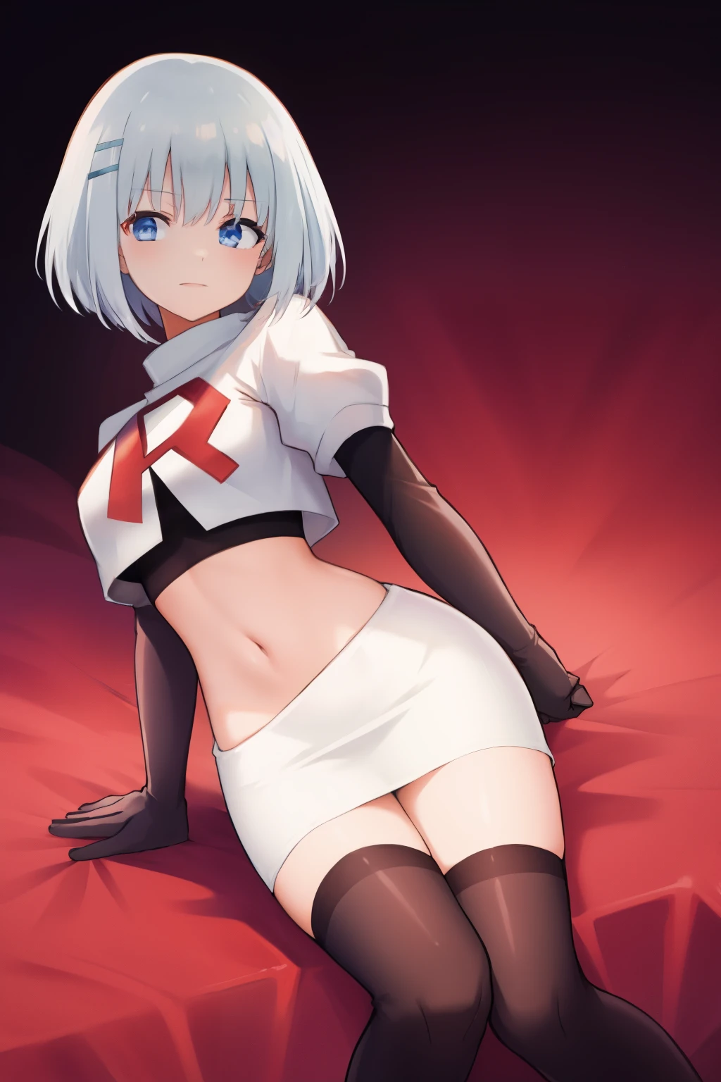 schl1, simple background, team rocket,team rocket uniform,white skirt,red letter R,crop top,black thigh-highs,black elbow gloves