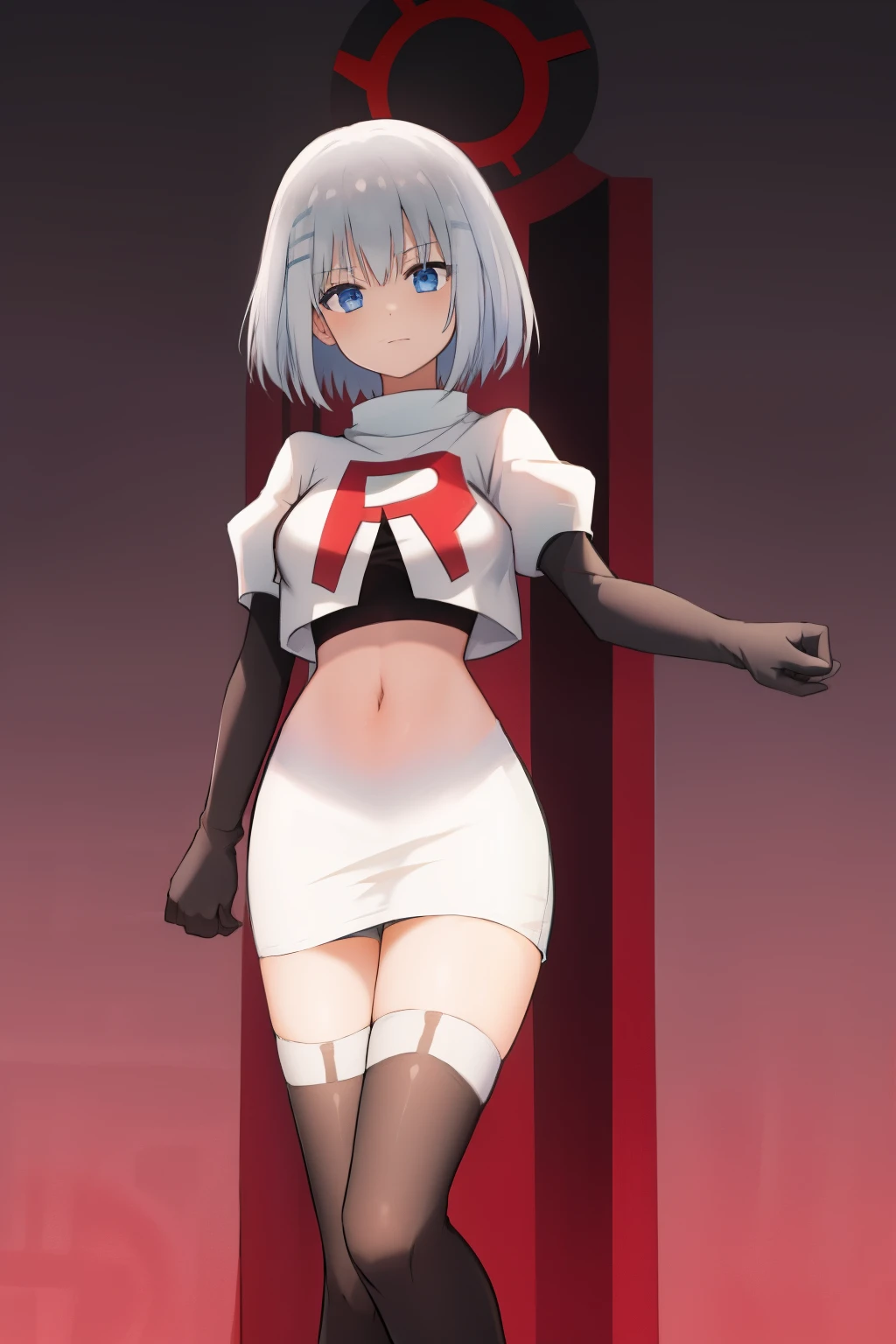 schl1, simple background, team rocket,team rocket uniform,white skirt,red letter R,crop top,black thigh-highs,black elbow gloves