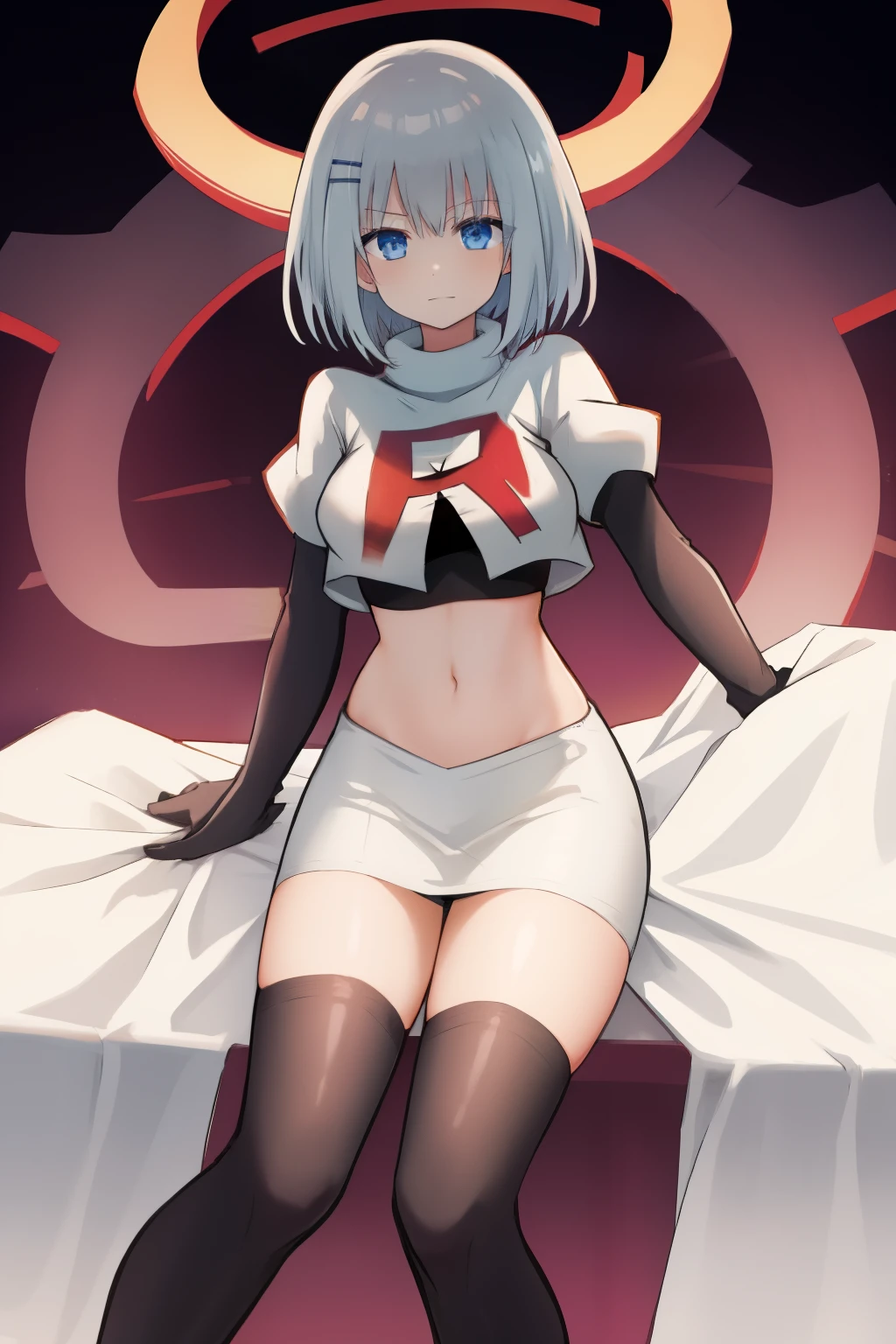 schl1, simple background, team rocket,team rocket uniform,white skirt,red letter R,crop top,black thigh-highs,black elbow gloves