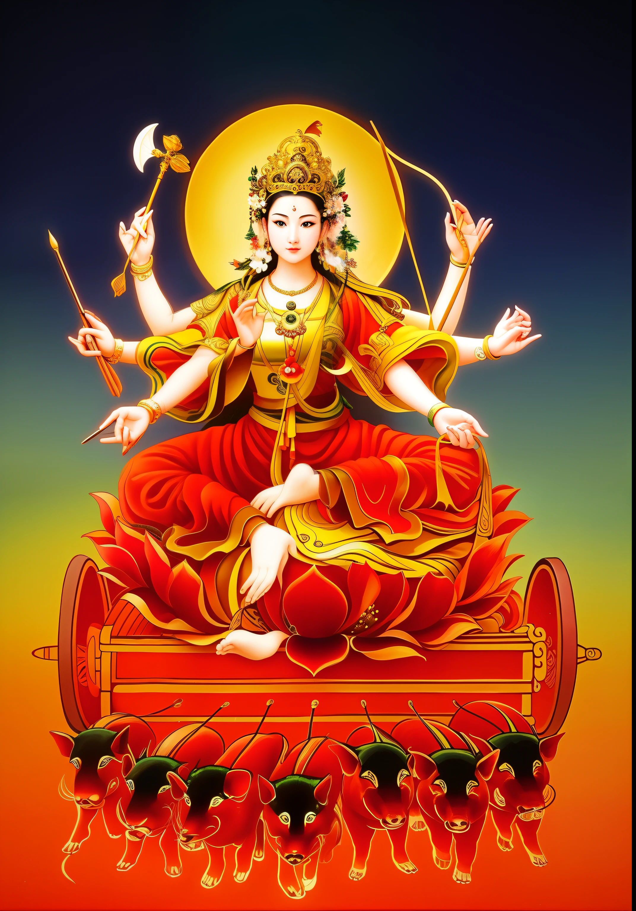 Beautiful woman sitting on a lotus in the car, Three-headed，all, The arm has eight mudras，Barefoot with both feet，There are seven little pigs pulling the cart in front，goddess of love and peace, indian goddess of wealth, Bodhisattva of Heaven and Earth, Full color illustration, goddess art, goddess of wisdom, ancient chinese goddess，逼real，Professional photography，real，ultra high resolution，masterpiece，