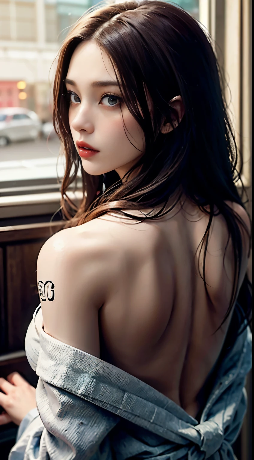 (masterpiece, best quality:1.4), (beautiful, aesthetic, cute, adorable:1.2), (depth of field:1.2), sexy, perfect female form, great breasts,back view, looking at viewer, expressive eyes, long hair, Asian teenage delinquent with a kendo stick, dark night, neon lights, bokeh, vibrant colors, heavy make-up, bloody red lipstick, fiery red hair, pink yukata, extensive red and black tattoos, silver jewellery, cleavage, nsfw