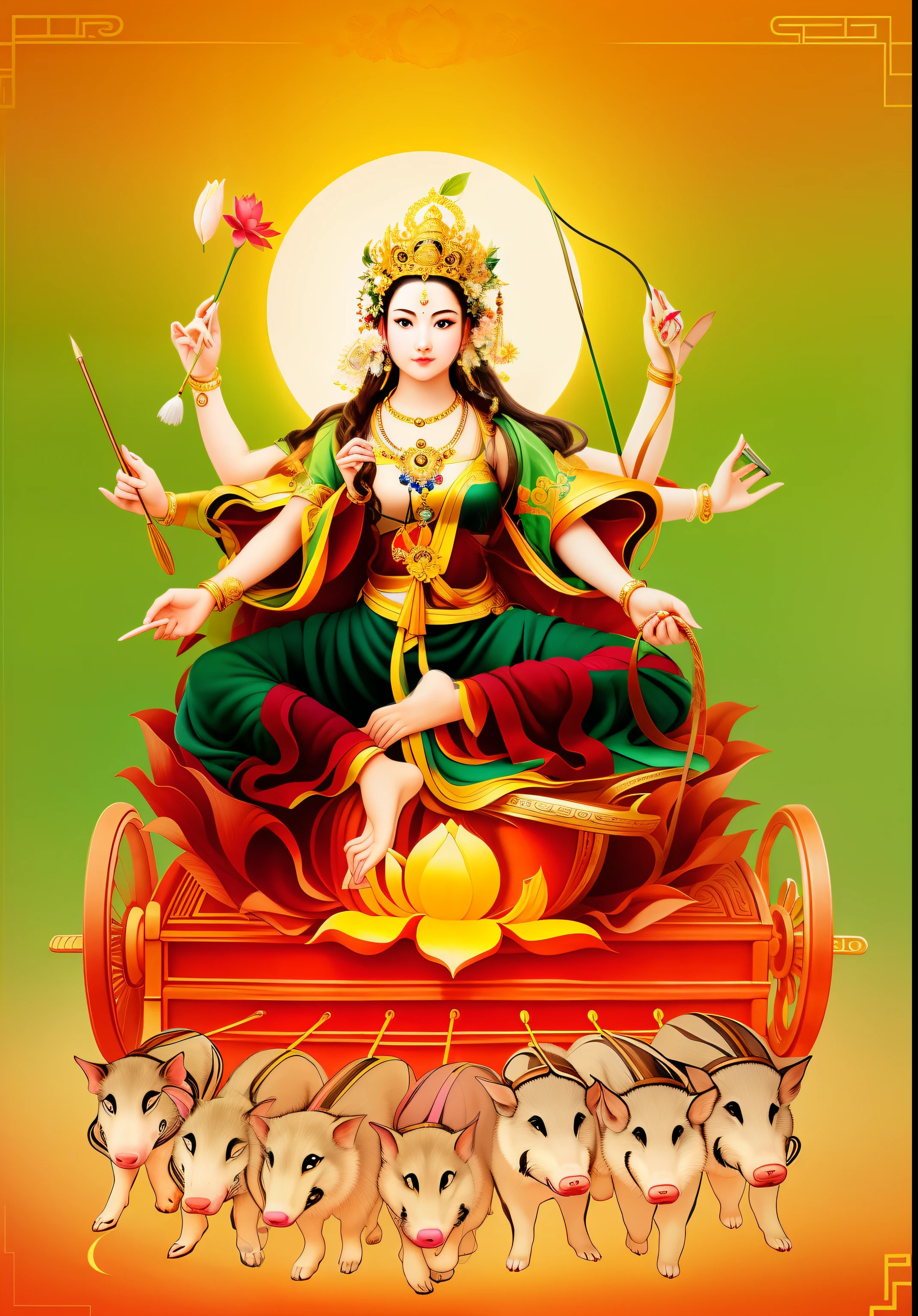 Beautiful woman sitting on a lotus in the car, Three-headed，all, The arm has eight mudras，Barefoot with both feet，There are seven little pigs pulling the cart in front，goddess of love and peace, indian goddess of wealth, Bodhisattva of Heaven and Earth, Full color illustration, goddess art, goddess of wisdom, ancient chinese goddess，逼true，Professional photography，true，ultra high resolution，masterpiece，