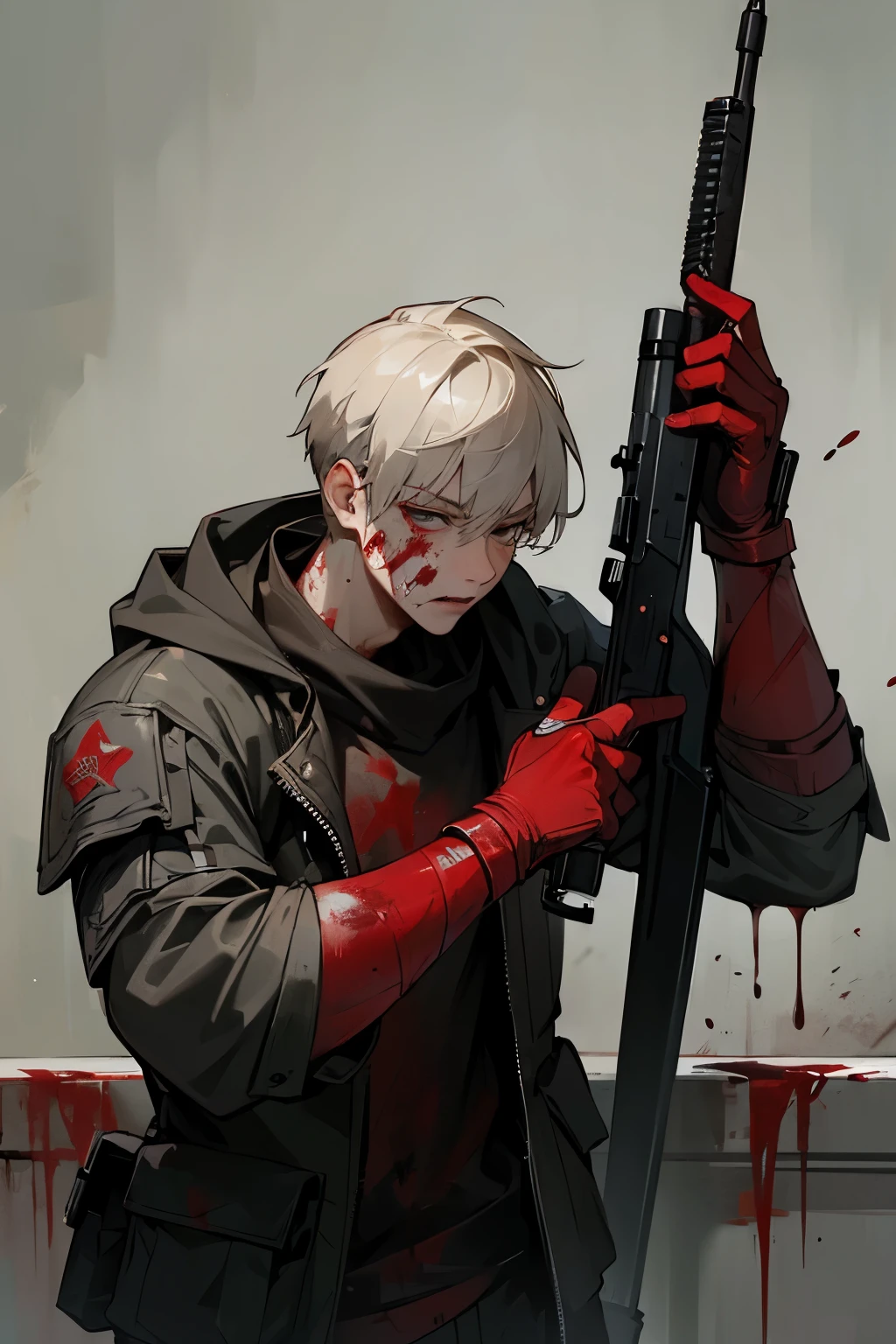 (masterpiece, best quality:1.2), solo, male focus, 1boy, counter strike, cs:go, souldier, red scarred face,grey armor, (blood_on_clothes:1.2), holding gun, ak-47,