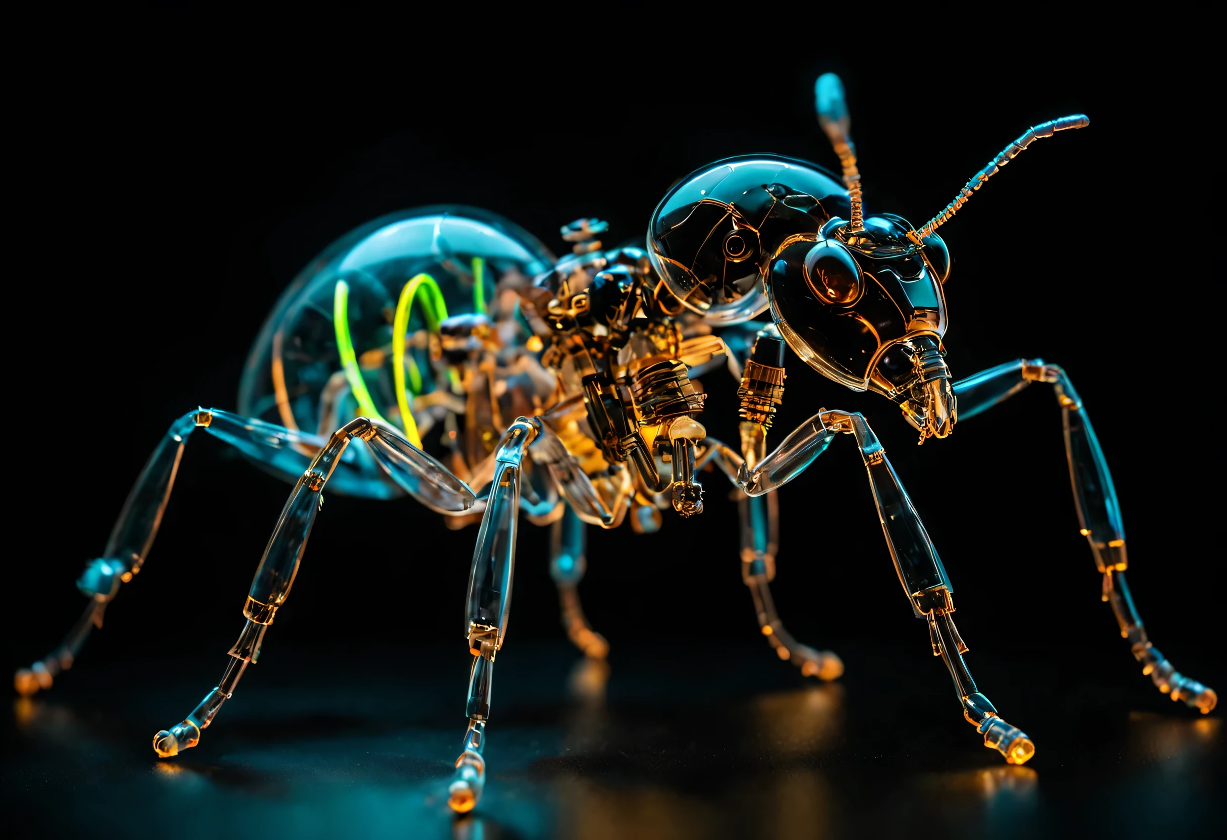 whole body, Pure black background, The combination of biology and machinery, transparent mechanical ant, The internal structure is complex and precise, glowing neon light, (Luminous electronic components)