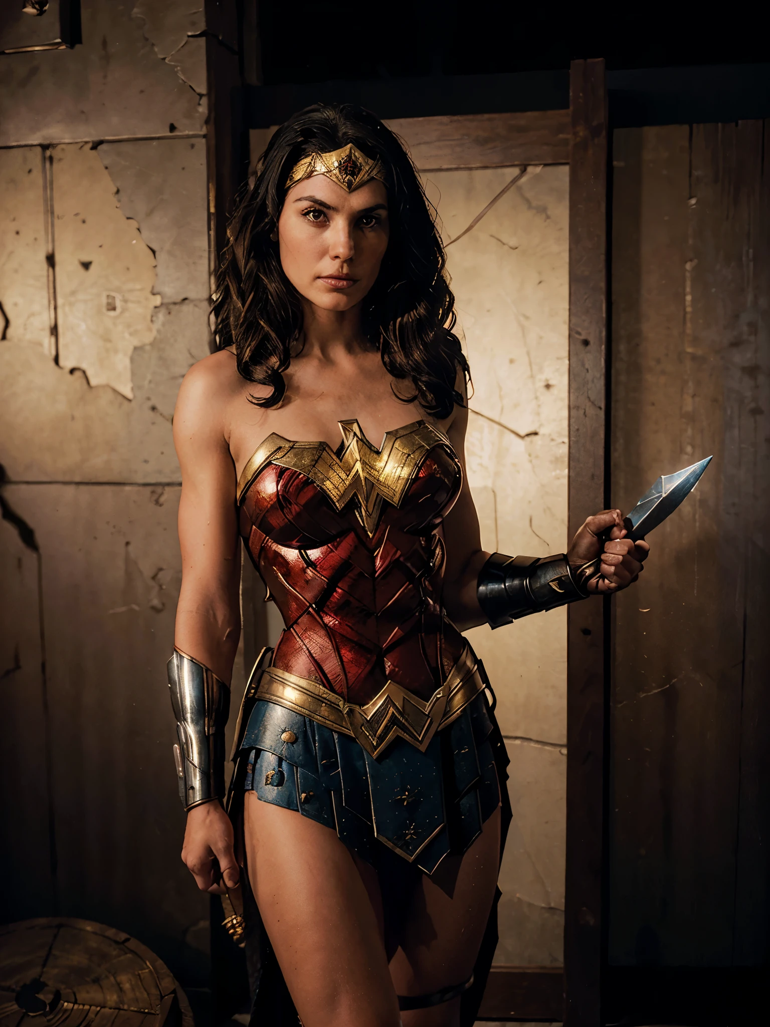 a (full height photograph:1.2) of (ohwx woman:1.3) (by Alyssa Monks:1.1), beautiful lighting, sharp focus, 8k, high res,Masterpiece, Nikon Z9, Award - winning photograph , athletic body ,As Wonder Woman from the DC Extended Universe, donning her iconic armor with the red and gold chest plate, blue skirt, and tiara, wielding her Lasso of Truth and sword. She stands on a battlefield, her strength, courage, and compassion inspiring those around her as she fights for justice and peace. ,(in the style of dungeons and dragons:1.2) ,