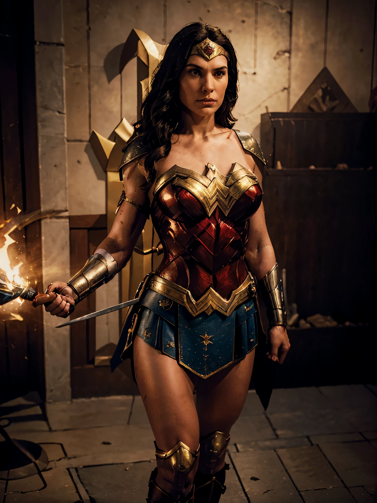 a (full height photograph:1.2) of (ohwx woman:1.3) (by Alyssa Monks:1.1), beautiful lighting, sharp focus, 8k, high res,Masterpiece, Nikon Z9, Award - winning photograph , athletic body ,As Wonder Woman from the DC Extended Universe, donning her iconic armor with the red and gold chest plate, blue skirt, and tiara, wielding her Lasso of Truth and sword. She stands on a battlefield, her strength, courage, and compassion inspiring those around her as she fights for justice and peace. ,(in the style of dungeons and dragons:1.2) ,