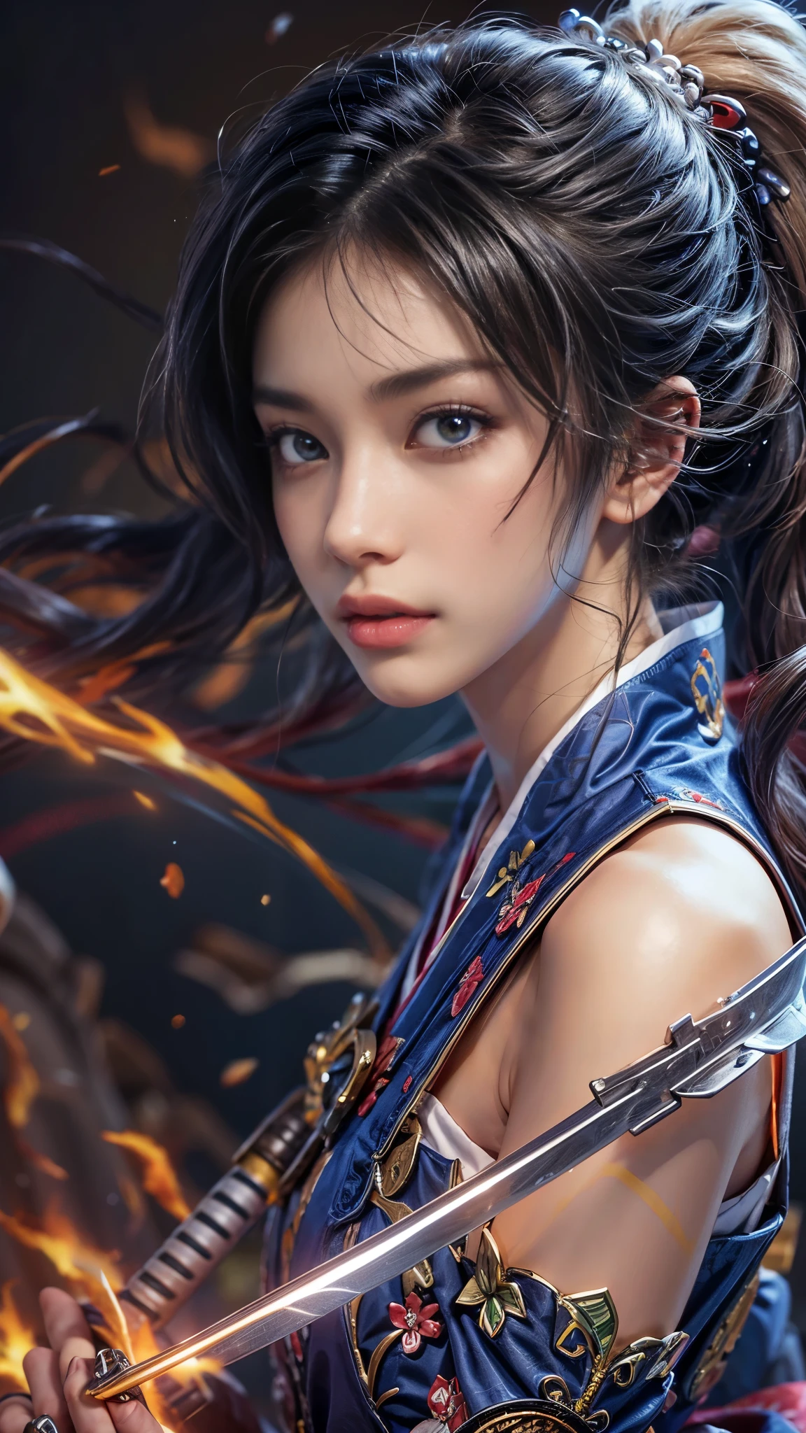 (RAW shooting, Photoreal:1.5, 8k, highest quality, masterpiece, ultra high resolution), Sengoku, fire事, いたるところで燃え上がる戦fire:1.2, perfect dynamic composition:1.2, Highly detailed skin and facial textures:1.2, Slim female samurai with a sharp Japanese sword:1.25, Fight:1.2, beautiful and aesthetic, cute and sexy beauty, perfect style:1.2, wear elaborate rings, fire, water, Wind, thunder, ice, Fair skin, very beautiful face, (Medium chest, Chest gap), (embarrassing smile, The expression on your face when you feel intense caress, Facial expression when feeling pleasure), (Wearing a sexy Sengoku uniform:1.2, off shoulder:1.1), (beautiful blue eyes, Eyes that feel beautiful eros:0.8), (Too erotic:0.9, Bewitching:0.9), full body shot