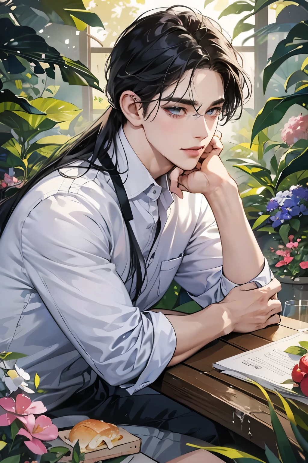(table top, digital art, digital illustration, 4k, 8k, super detailed, beautiful images, clear image, realistic, RAW photo, perfect face, perfect lines, perfect eyes, soft lighting) ,1 female, (long black hair,straight hair,bullish look,beautiful woman,grace,Make up well,23 years old,:1.3),Two handsome men in suits, (human,muscular,solid shoulder width, mens,boyish hairstyle,british gentleman&#39;s style,A man in his 30s with a cool expression,28 year old man with a bright smile:1.2),Show your white teeth and smile(embarrassing,shy smile:1.1),garden full of light、squirt、resort sofa、colorful flowers、innocent smile,smile、couple kissing、kiss、the kiss、romance、dinner、drink alcohol、drunk、blushing、